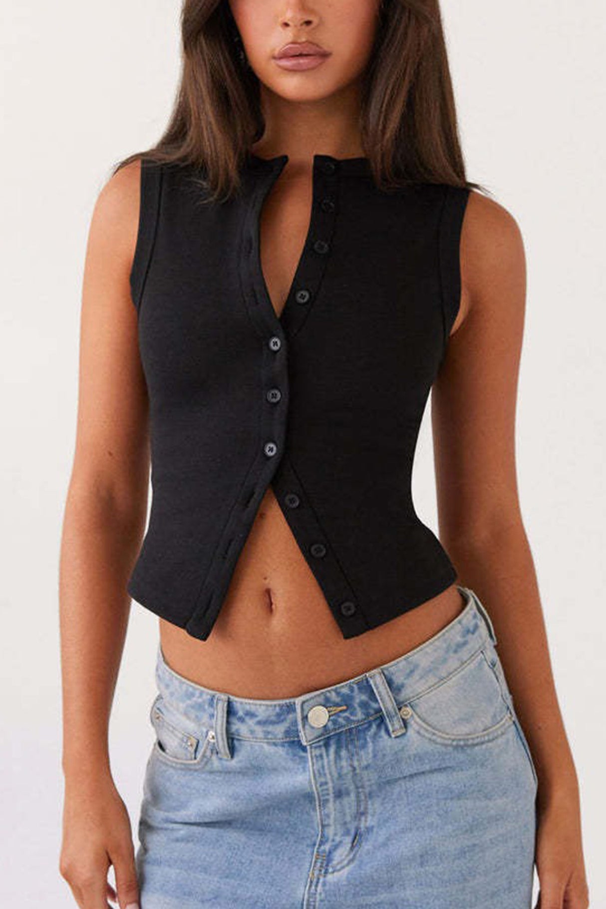 Arolora Solid Color Button-down Knit Tank Top