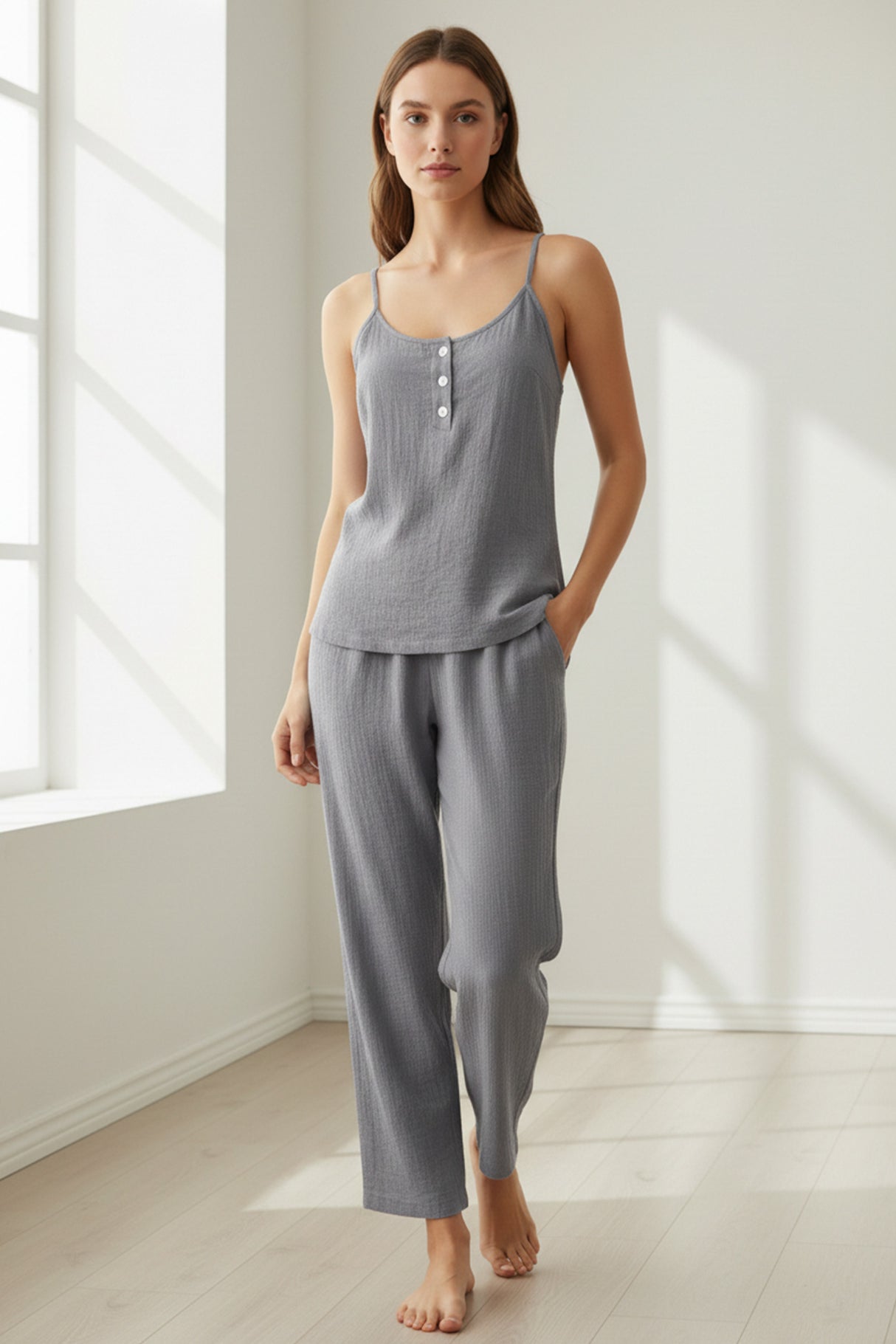 Solid Color Cotton Spaghetti Straps Long Pants Set