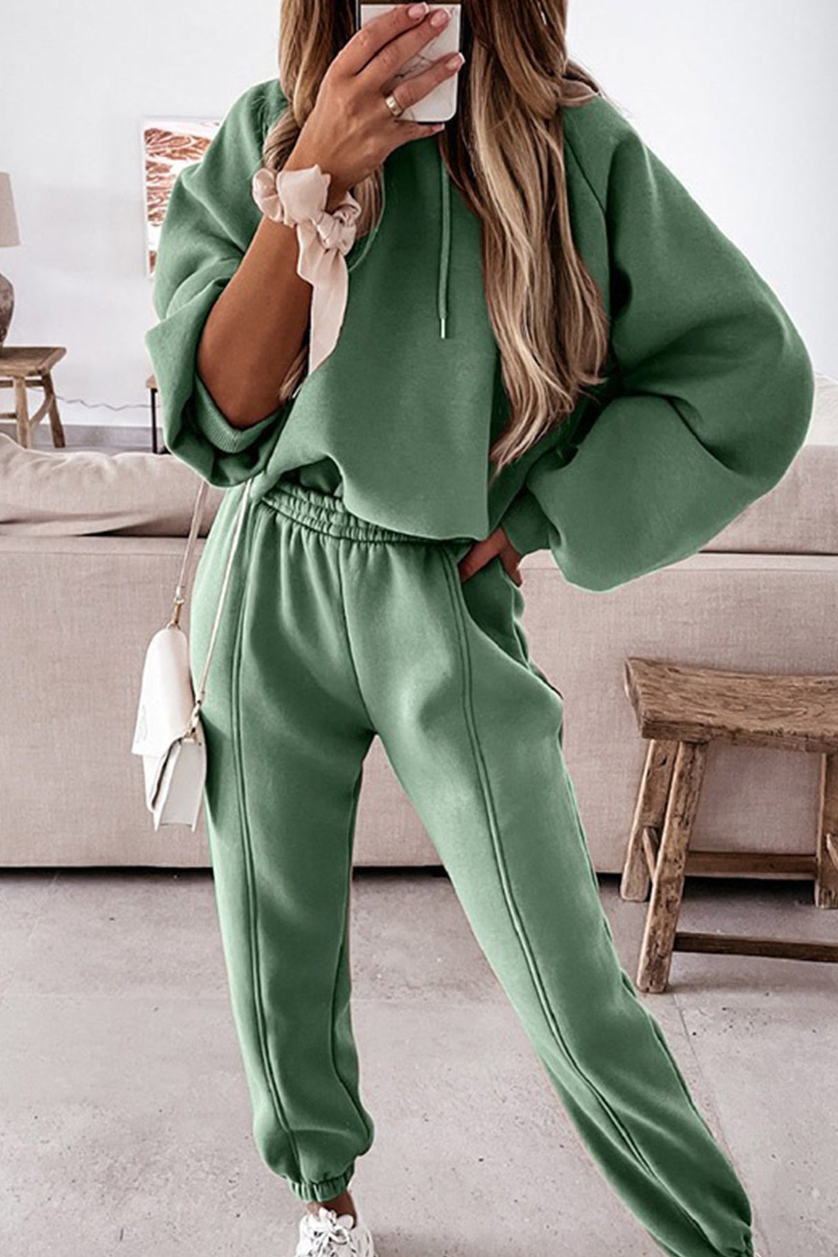 Solid Color Crop Hoodie Suits