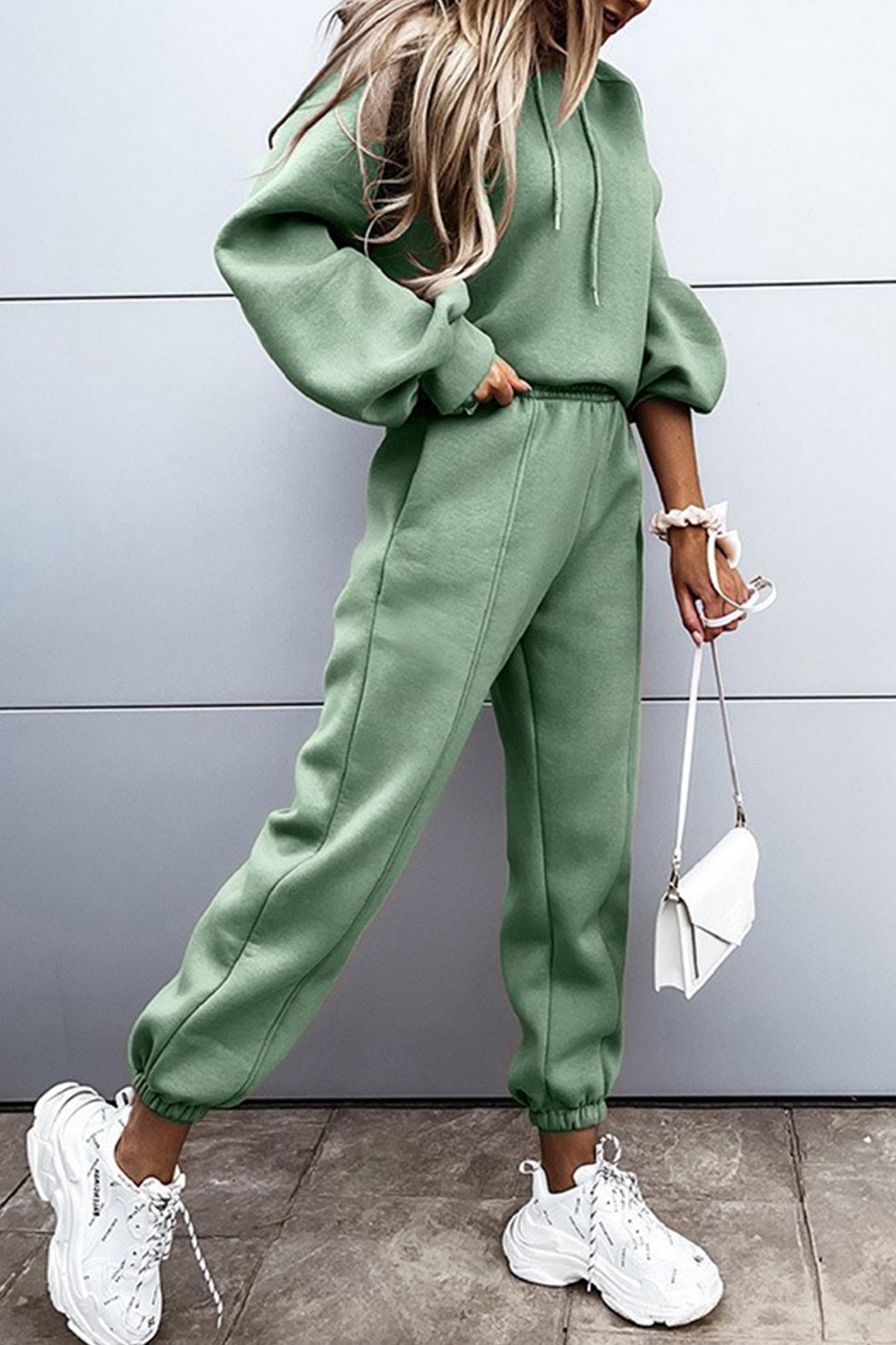 Solid Color Crop Hoodie Suits