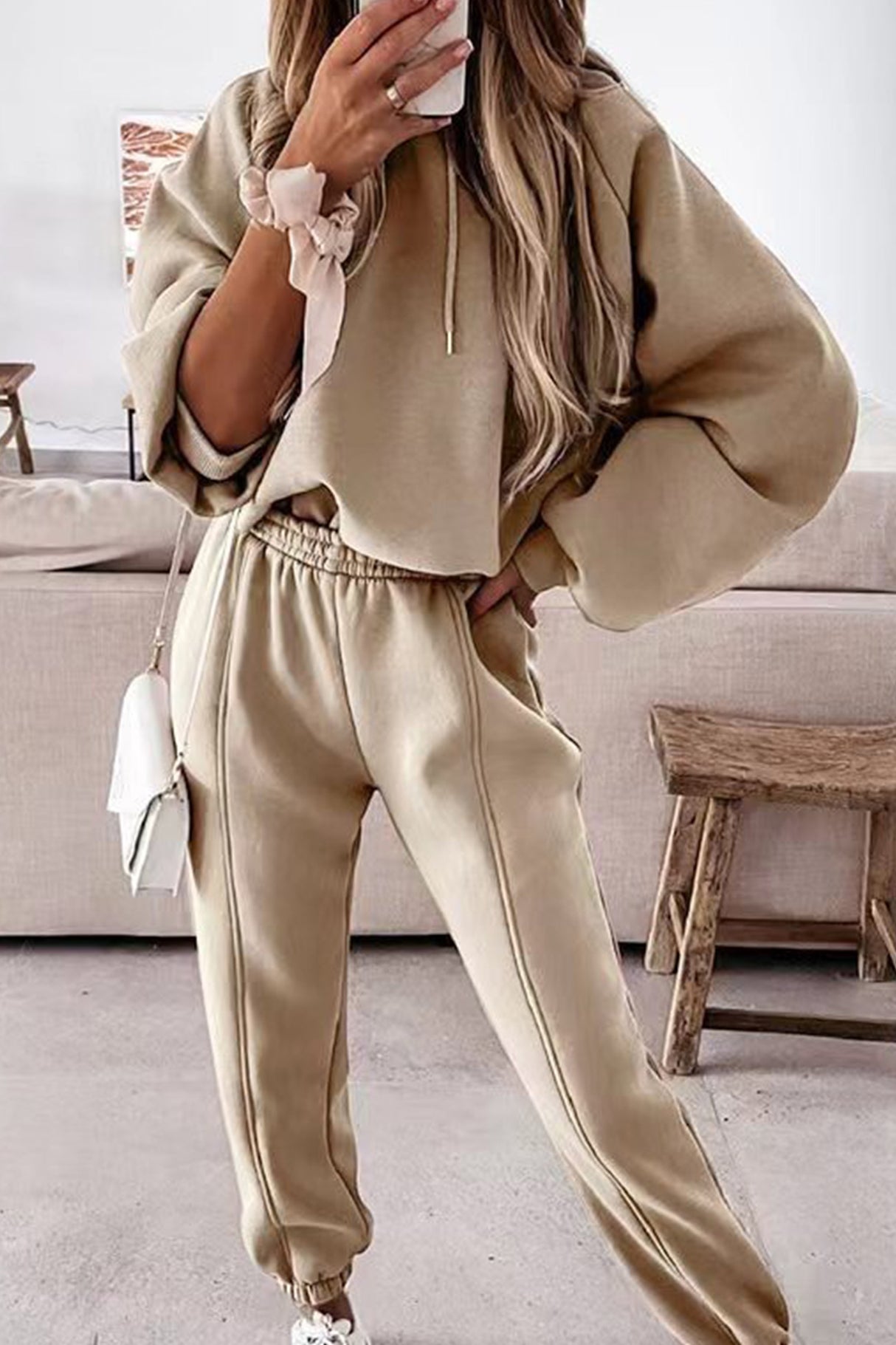 Solid Color Crop Hoodie Suits