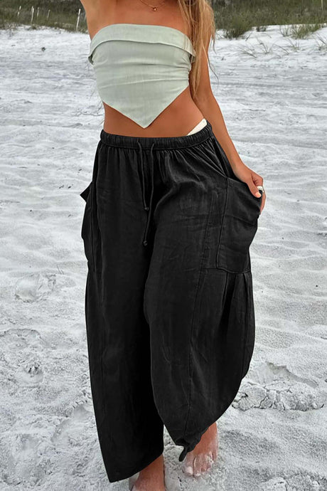Solid Color Drawstring Pocket Wide Leg Pants