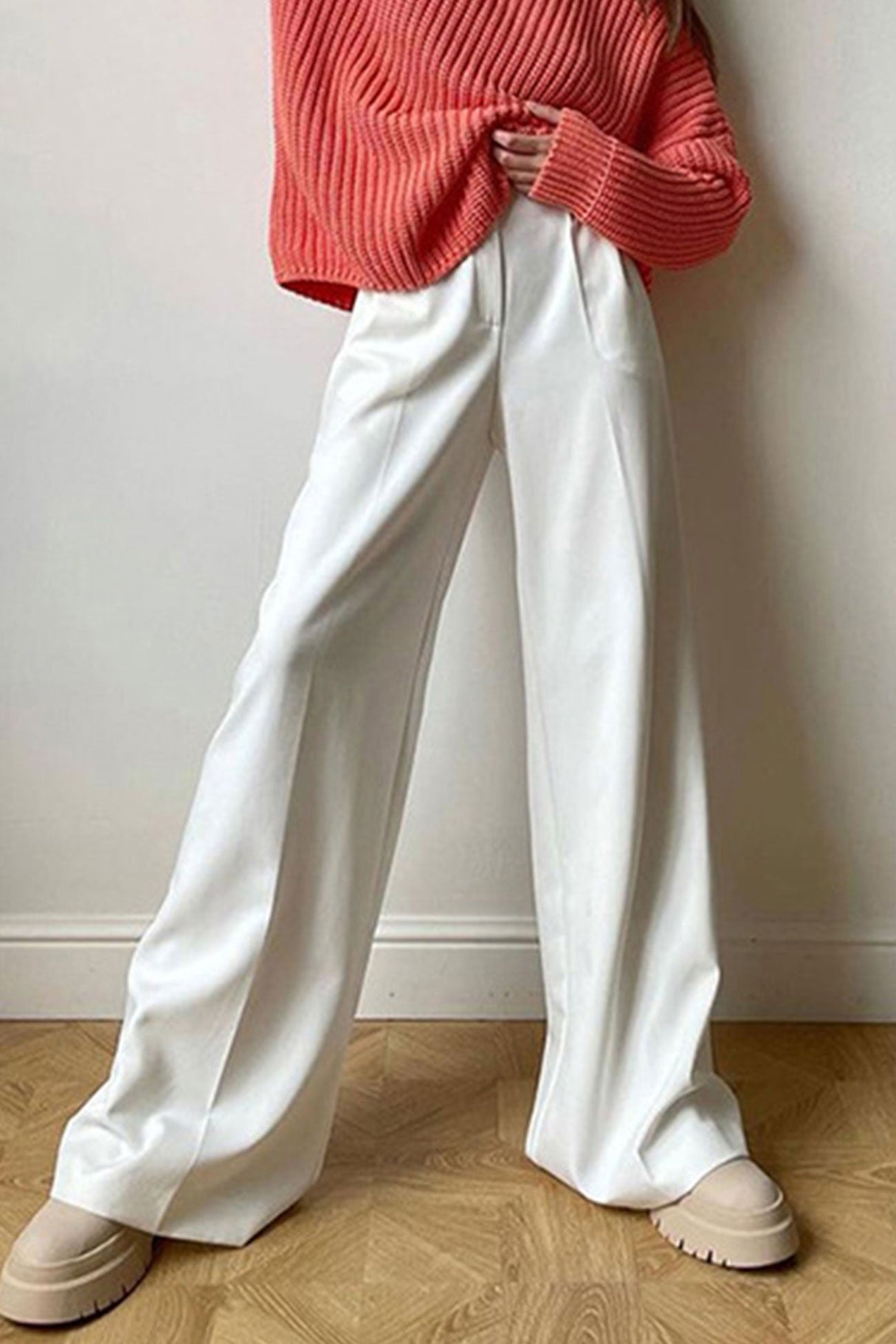 Arolora Solid Color High Waist Loose Suit Pants