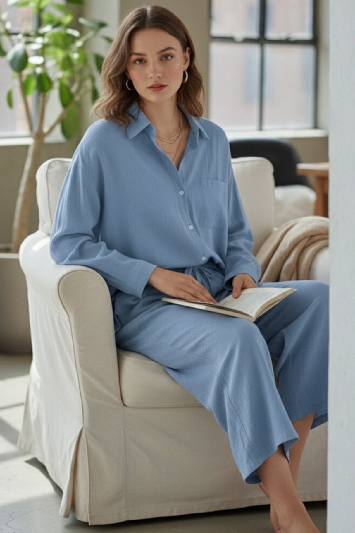 Solid Color High-waisted Linen Cotton Shirt Set