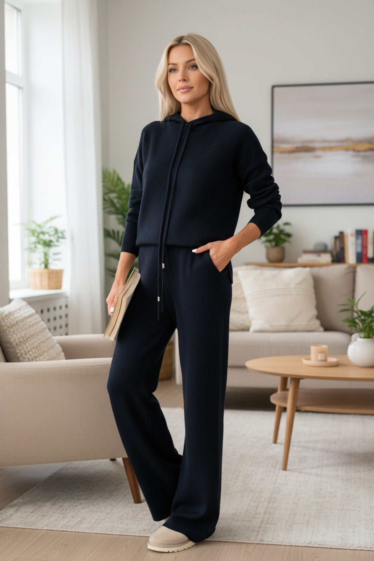 Solid Color Hooded Sweatshirt Wide-leg Outfit Set