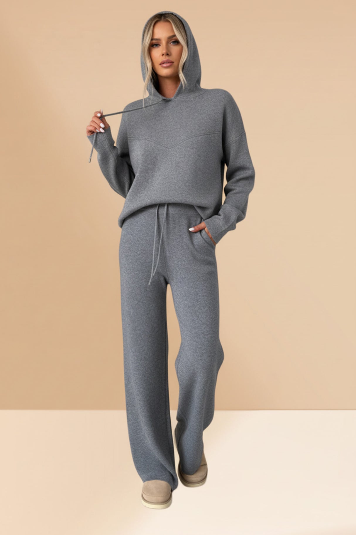 Solid Color Hooded Sweatshirt Wide-leg Outfit Set