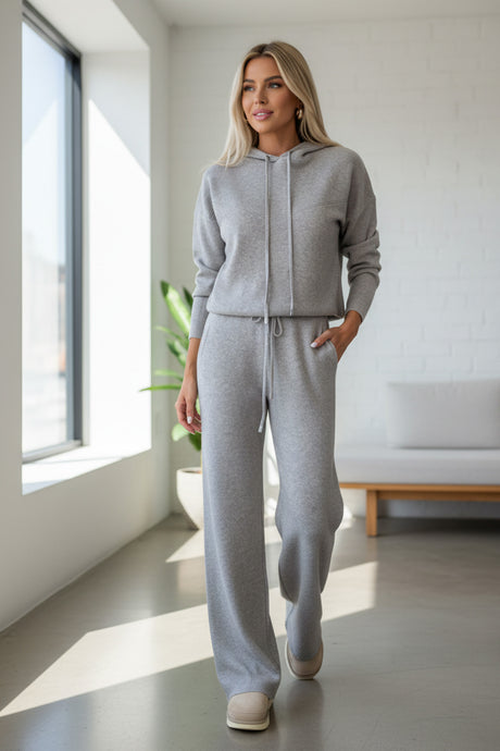 Solid Color Hooded Sweatshirt Wide-leg Outfit Set