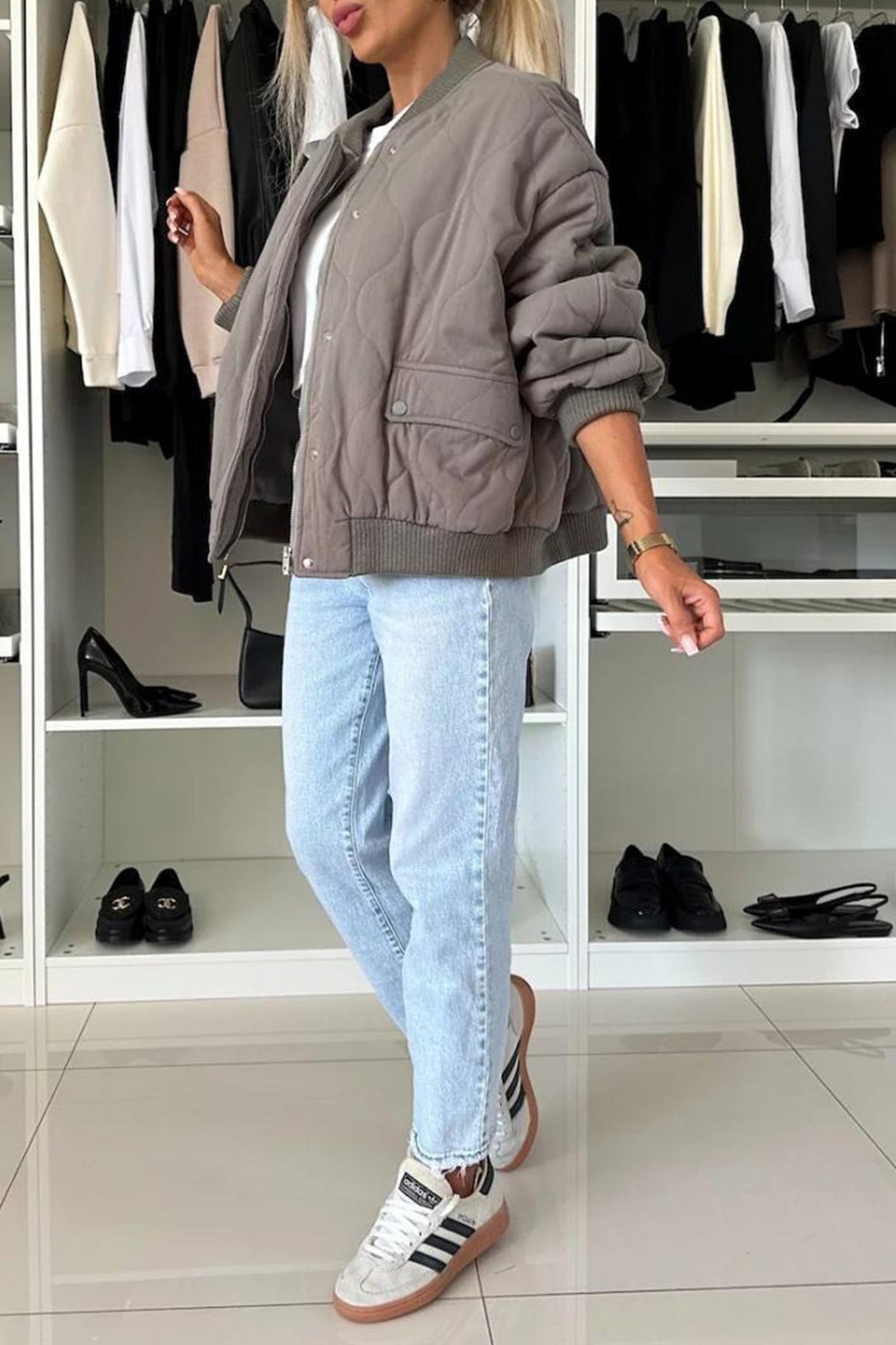 Solid Color Button-down Bomber Jacket