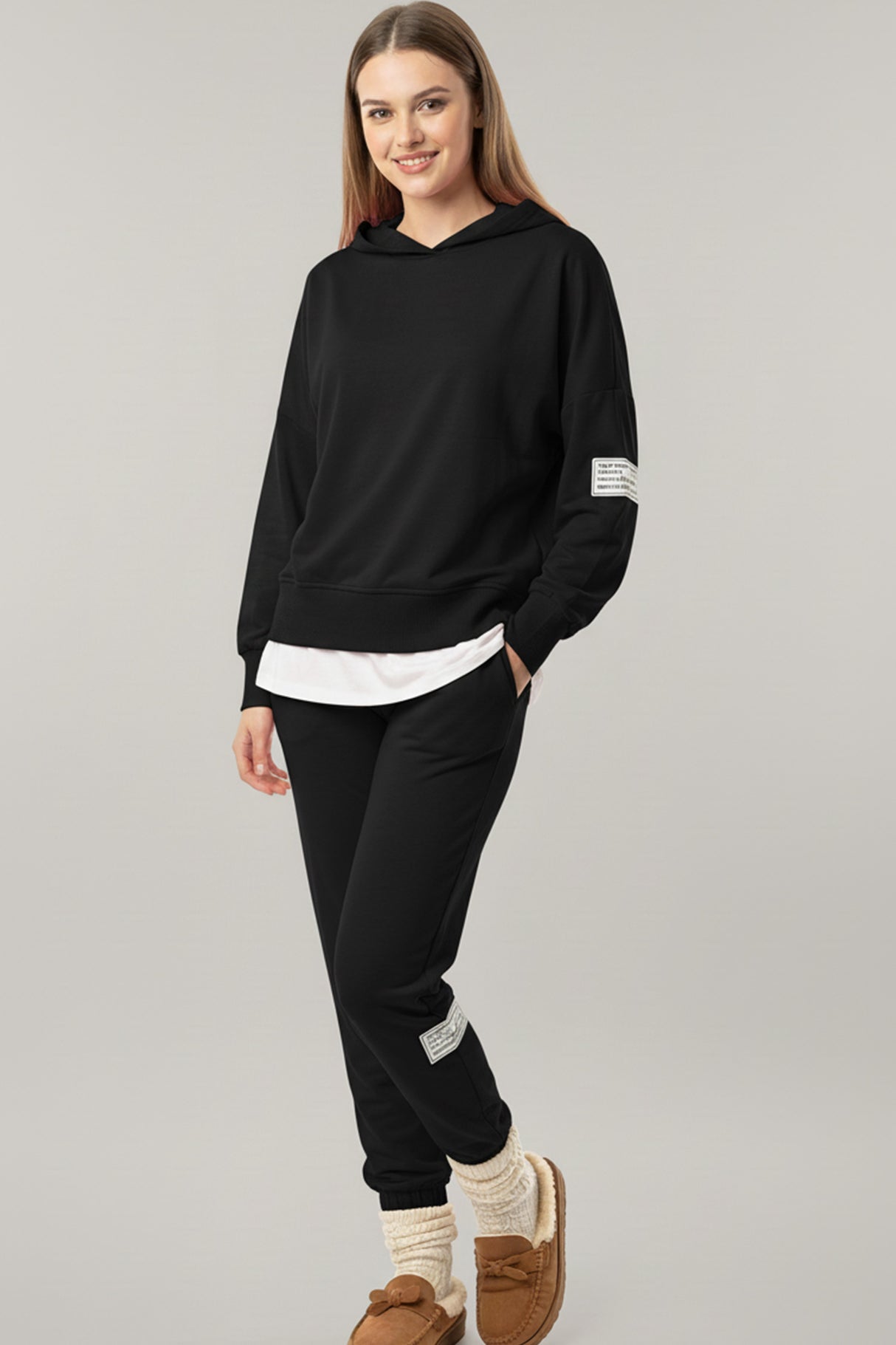 Solid Color Patchwork Hoodie Pants Outfit Sets