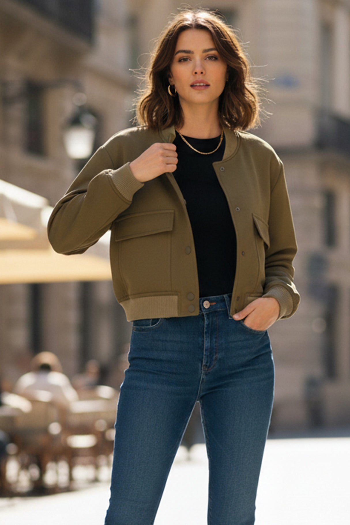 Solid Color Pocket Stand Collar Jacket