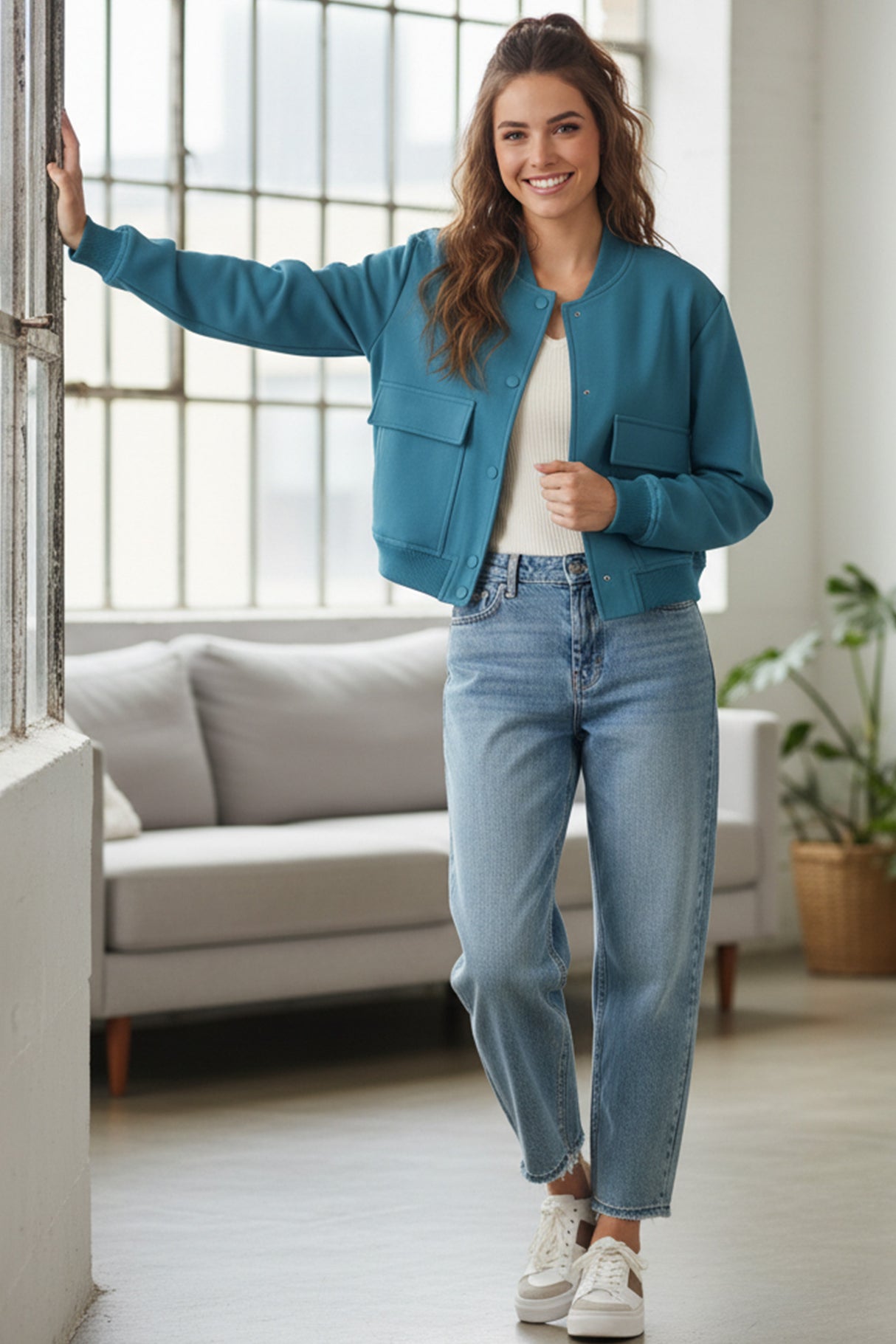 Solid Color Pocket Stand Collar Jacket