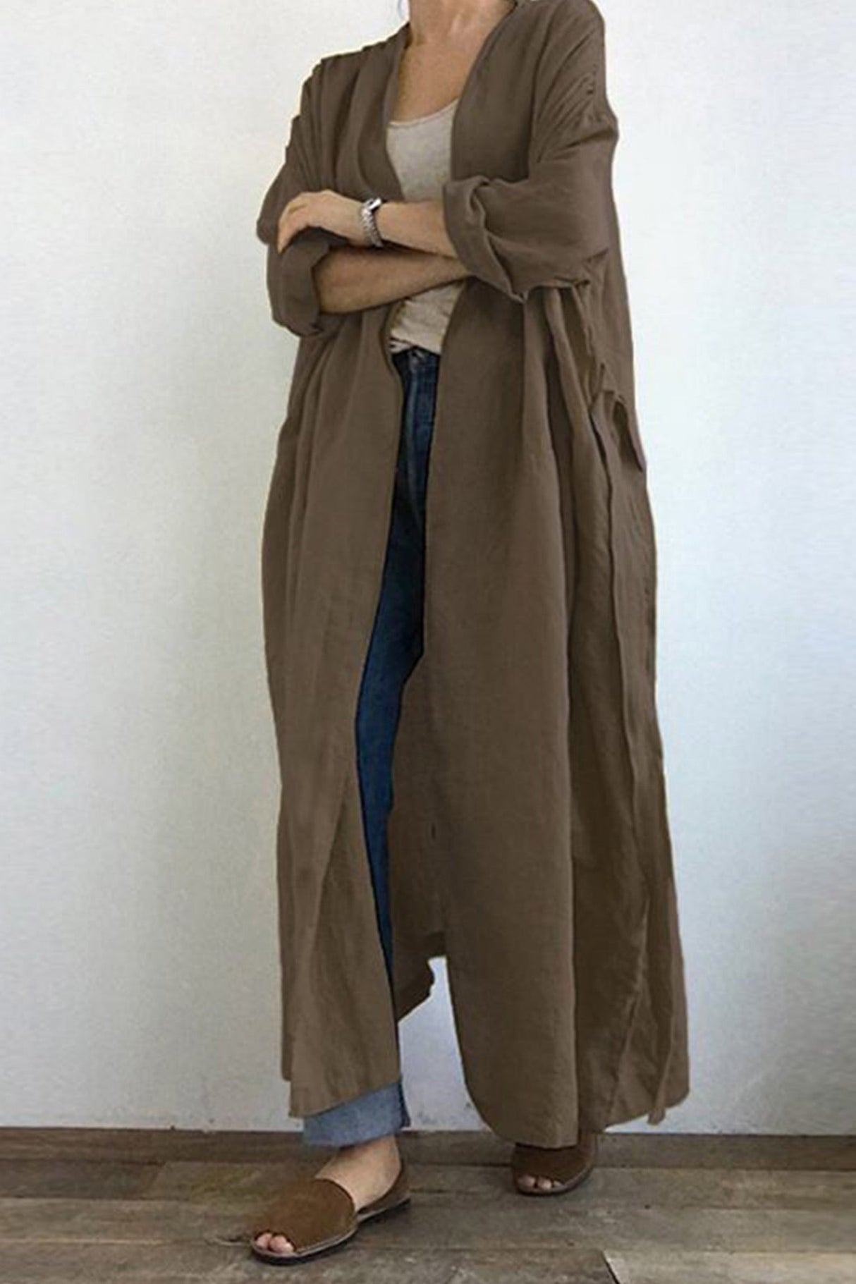 Arolora solid-color-pocketed-long-trench-coat