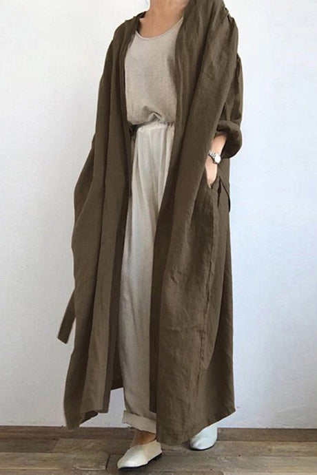 Arolora solid-color-pocketed-long-trench-coat