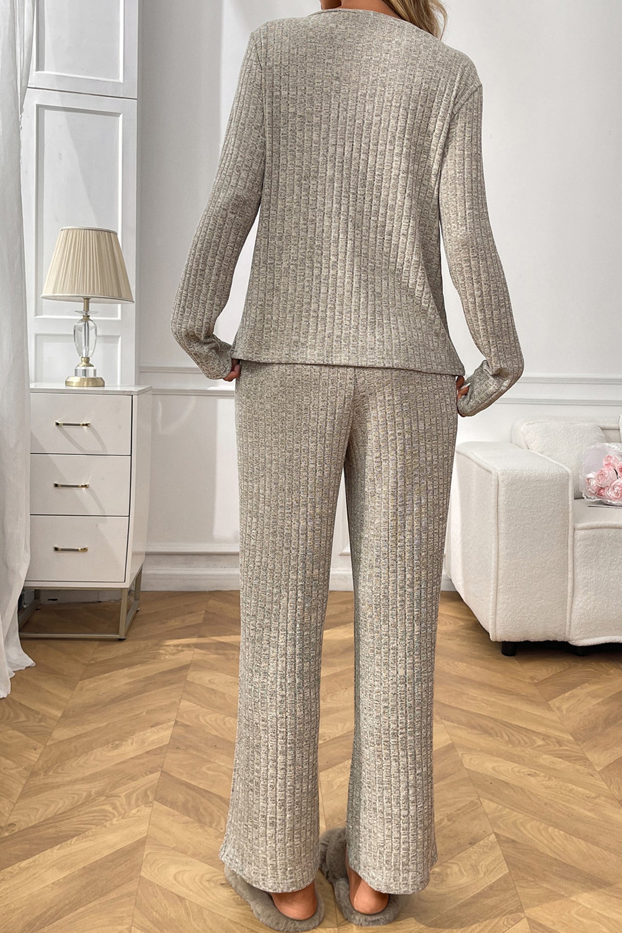 Solid Color Ribbed Long Sleeve Two-piece Sets