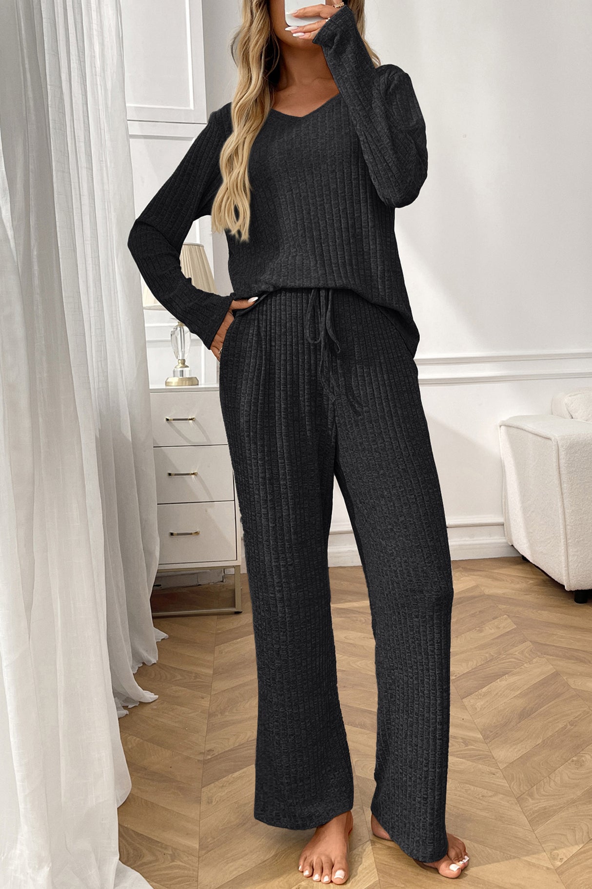Solid Color Ribbed Long Sleeve Two-piece Sets