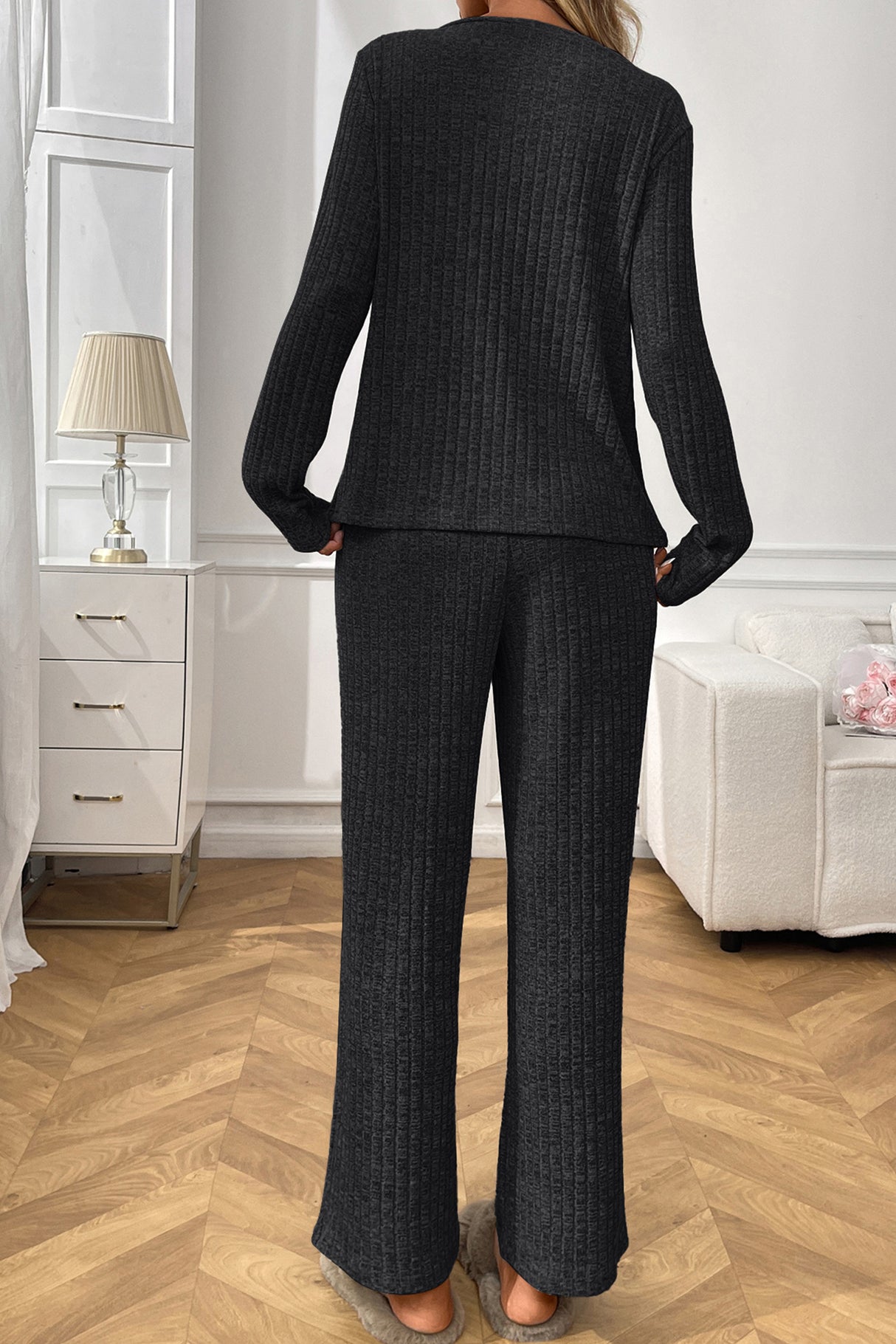 Solid Color Ribbed Long Sleeve Two-piece Sets