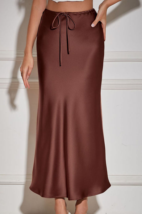 Solid Color Satin Drawstring Midi Skirt