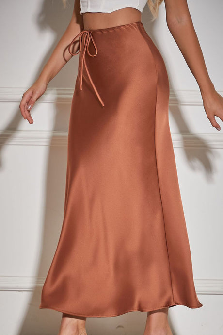 Solid Color Satin Drawstring Midi Skirt