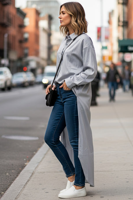Solid Color Single-breasted Long Blouse