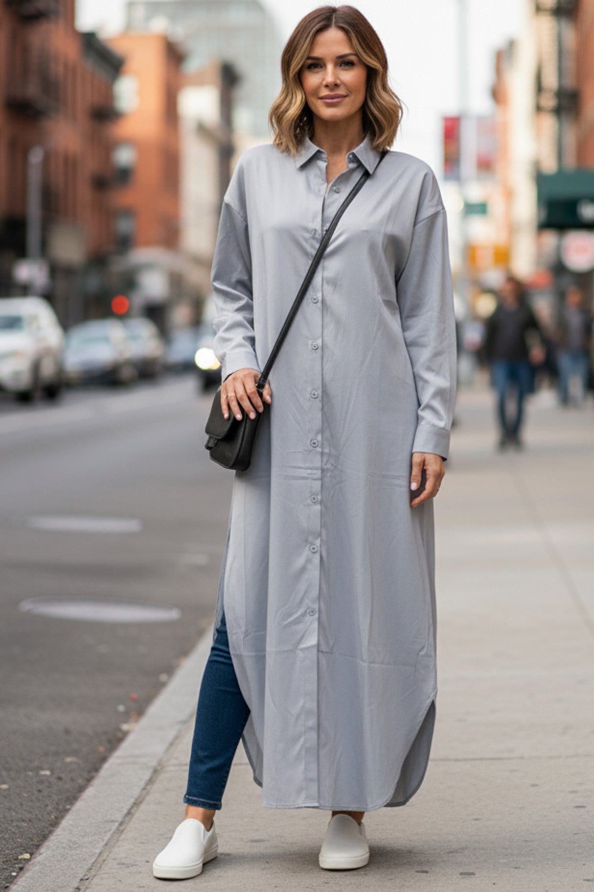 Solid Color Single-breasted Long Blouse