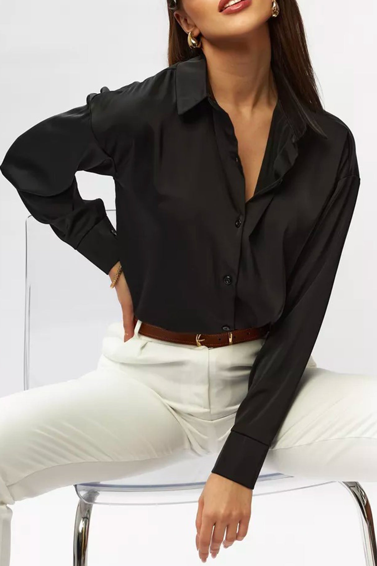 Arolora Solid Color Slim Fit Blouse