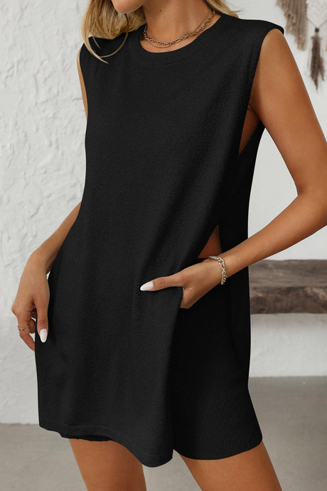 Arolora Solid Color Slit Knit Vest Shorts Set