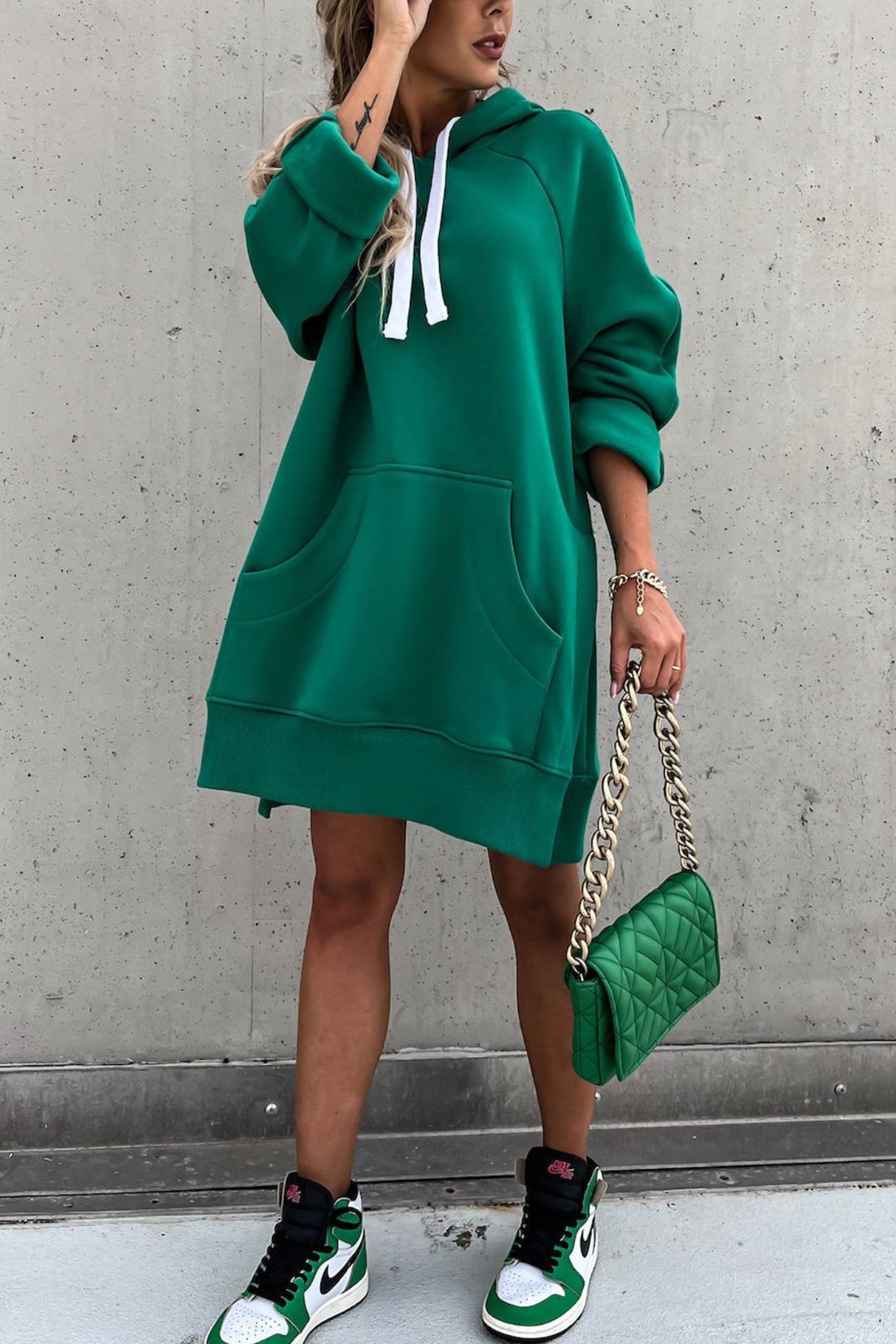 Solid Color Slit Mid-length Hoodie
