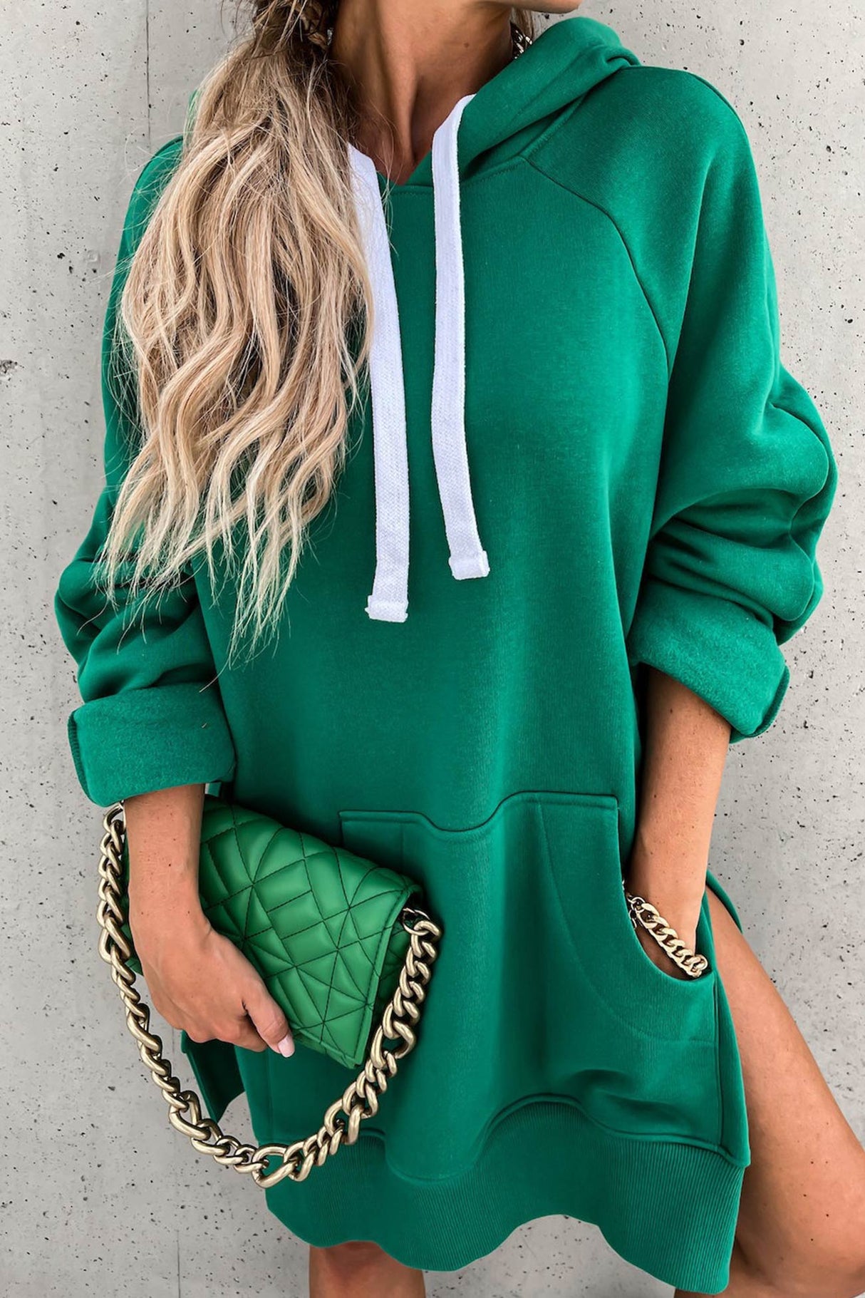 Solid Color Slit Mid-length Hoodie