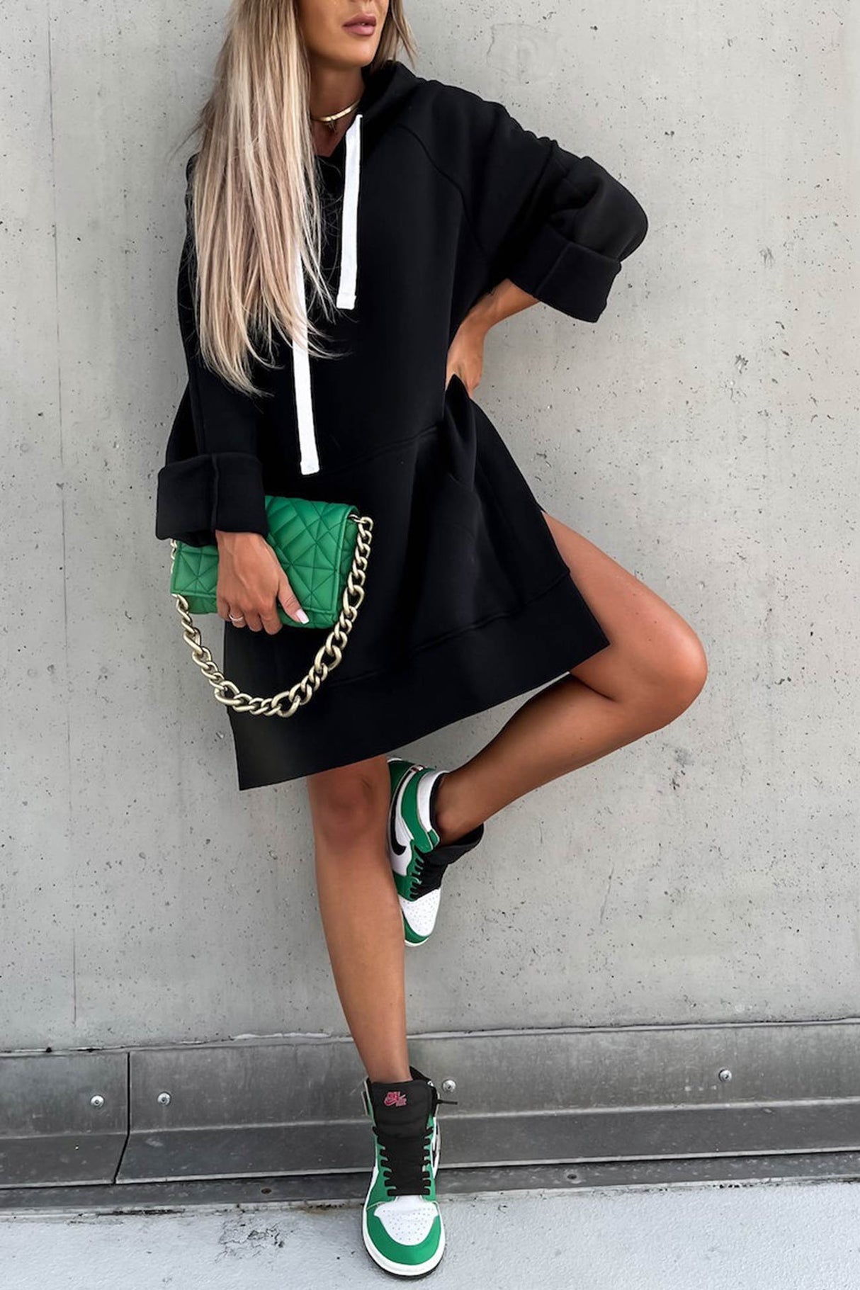 Solid Color Slit Mid-length Hoodie