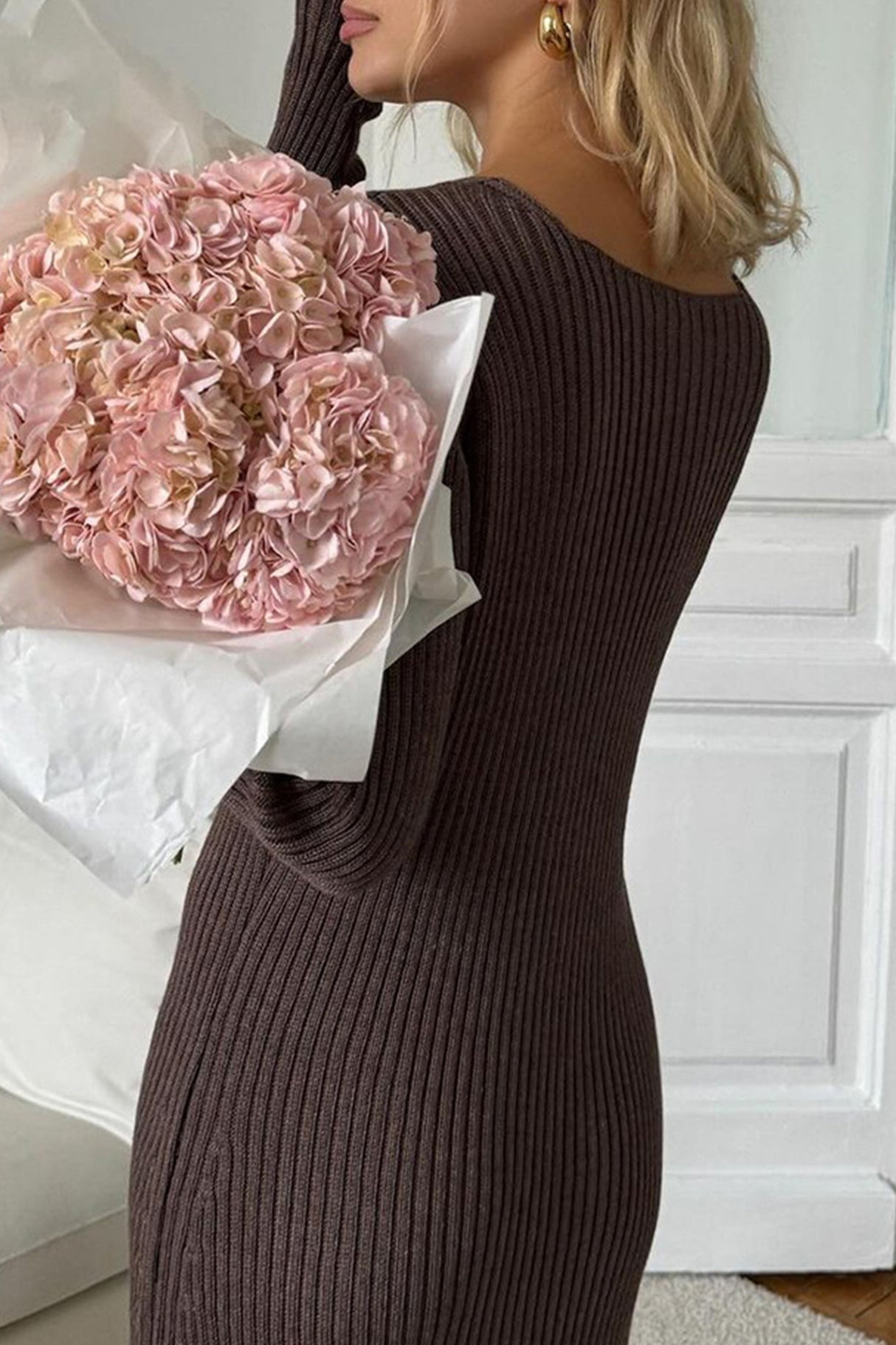 Solid Color V Neck Knitted Bodycon Maxi Dress