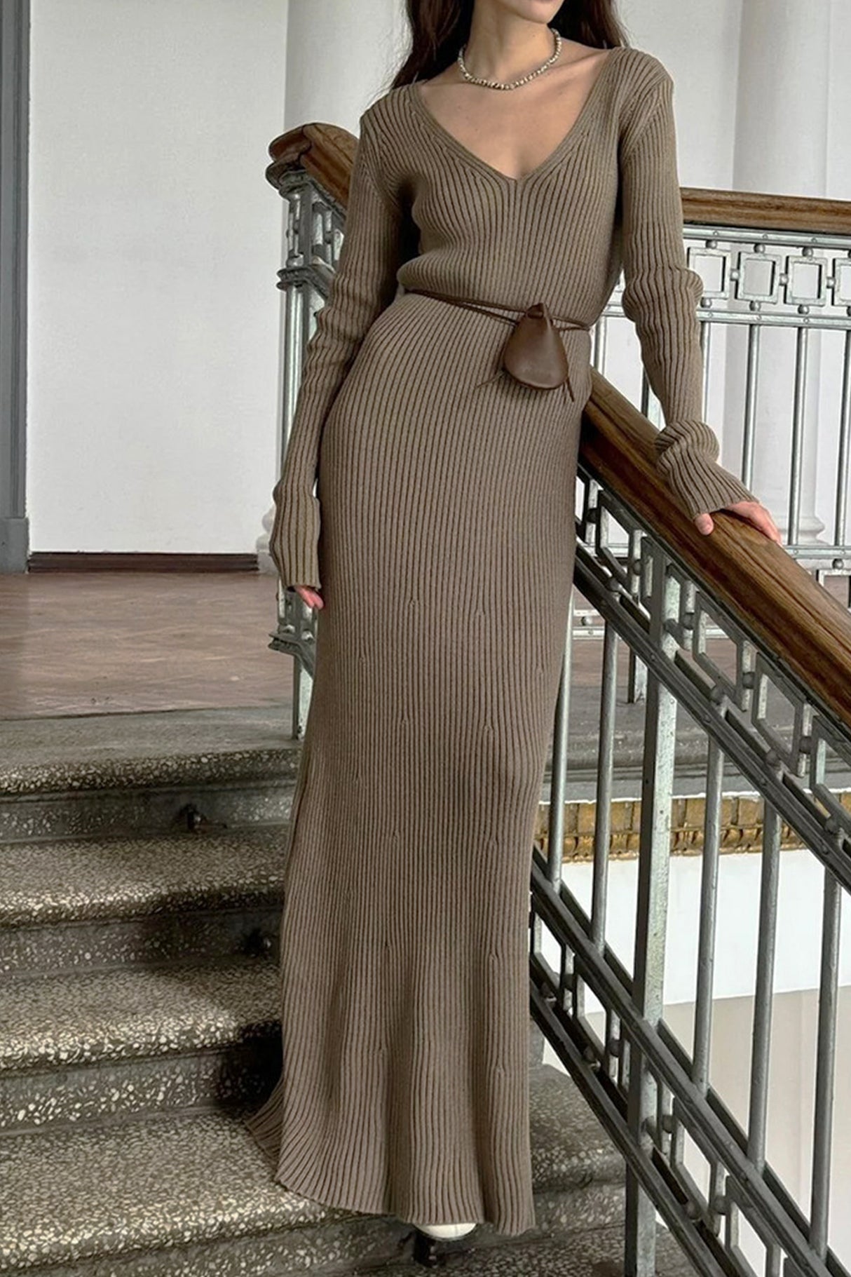 Solid Color V Neck Knitted Bodycon Maxi Dress