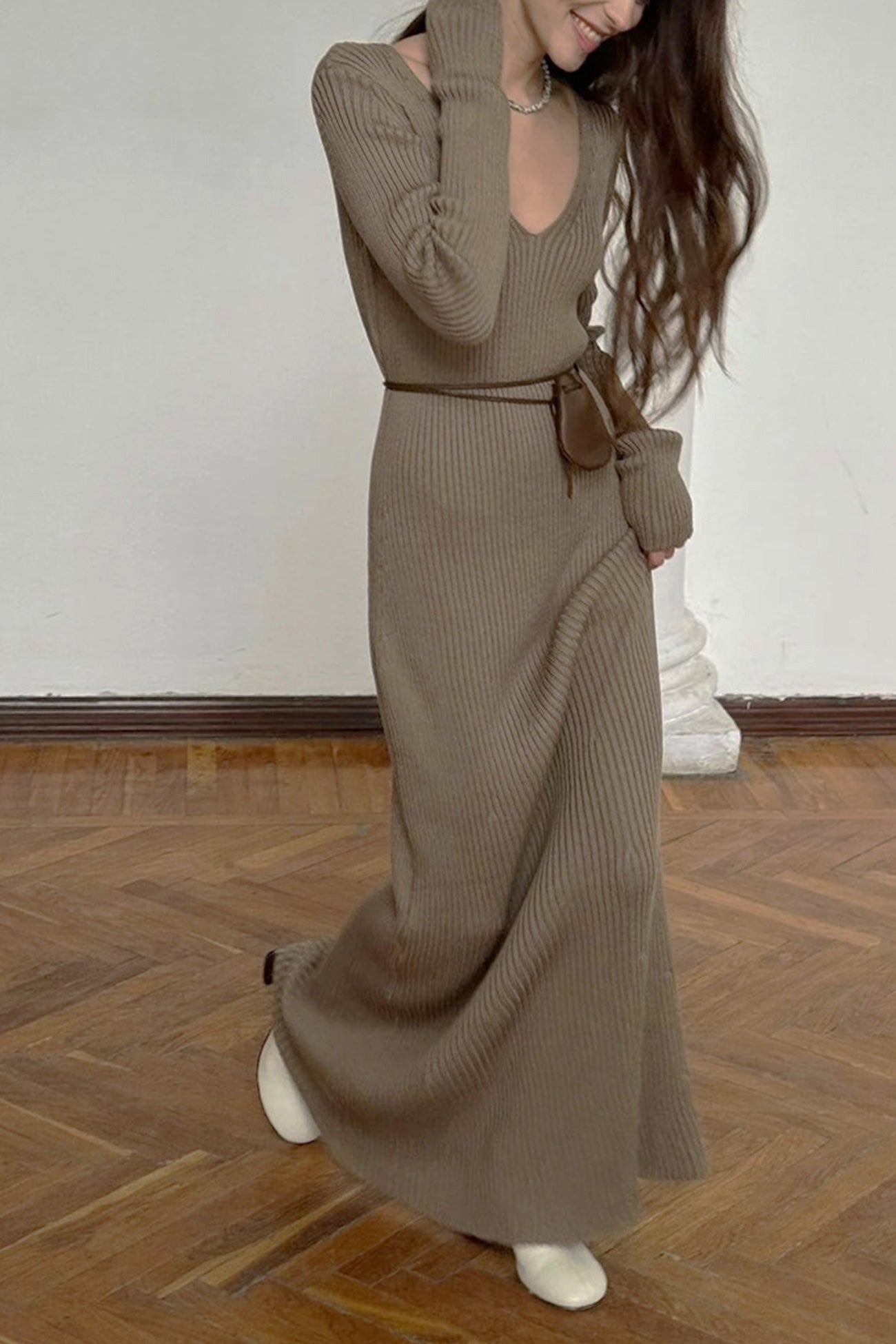 Solid Color V Neck Knitted Bodycon Maxi Dress