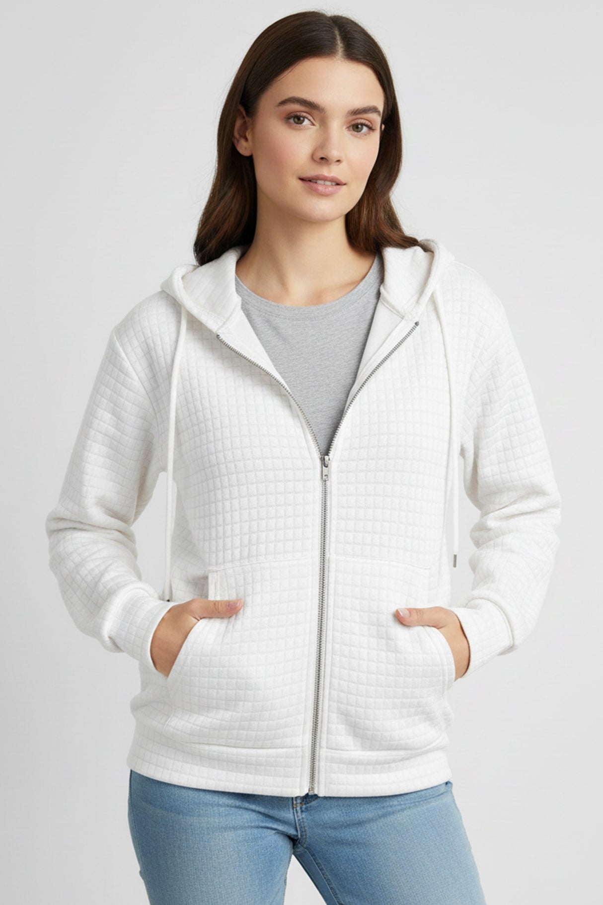 Solid Color Waffle Zip-up Hoodie