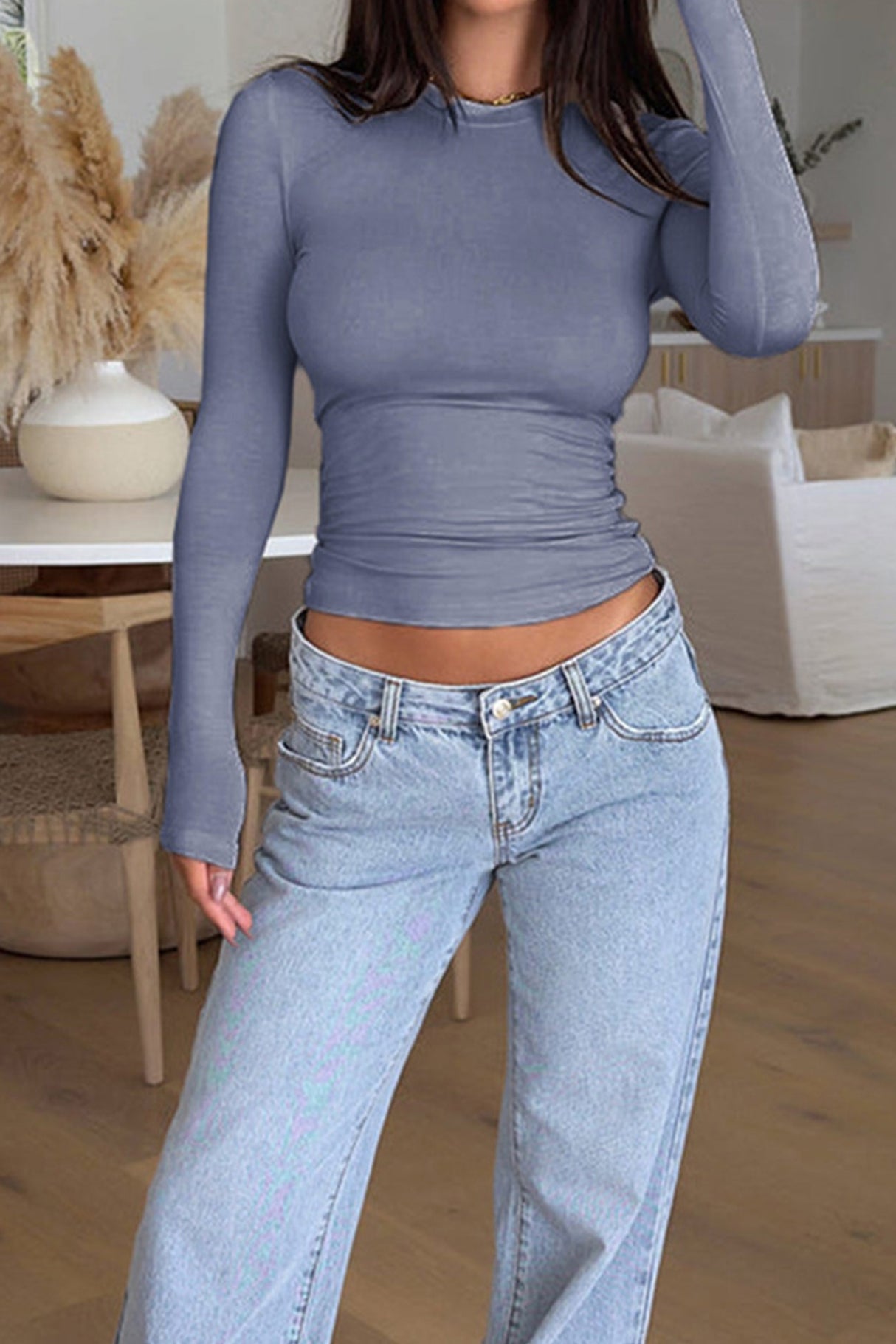 Solid Crew Neck Bodycon Tops