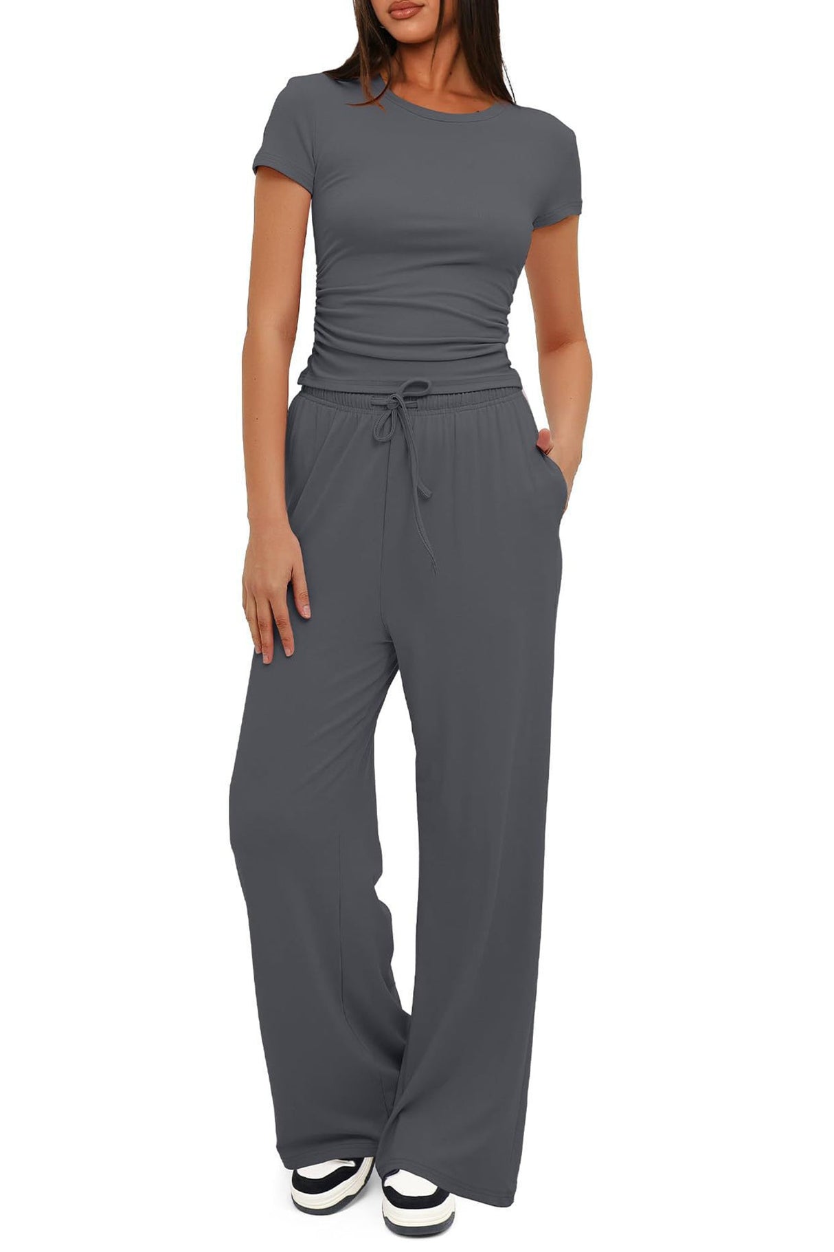 Arolora solid-crew-neck-cotton-t-shirt-pants-suits