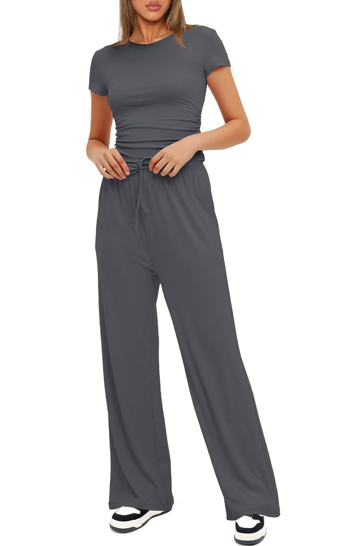 Arolora solid-crew-neck-cotton-t-shirt-pants-suits