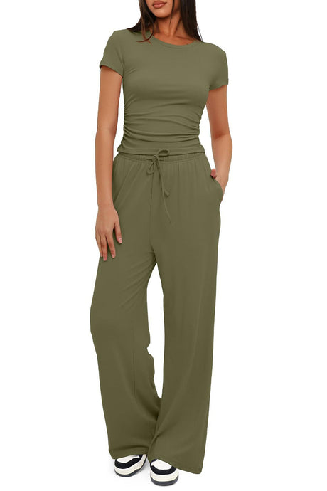 Arolora solid-crew-neck-cotton-t-shirt-pants-suits