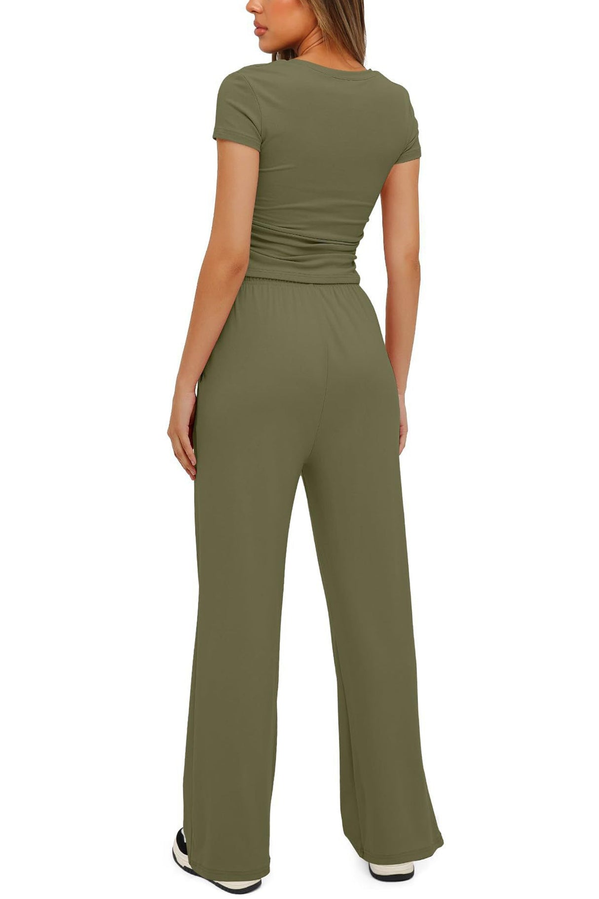 Arolora solid-crew-neck-cotton-t-shirt-pants-suits