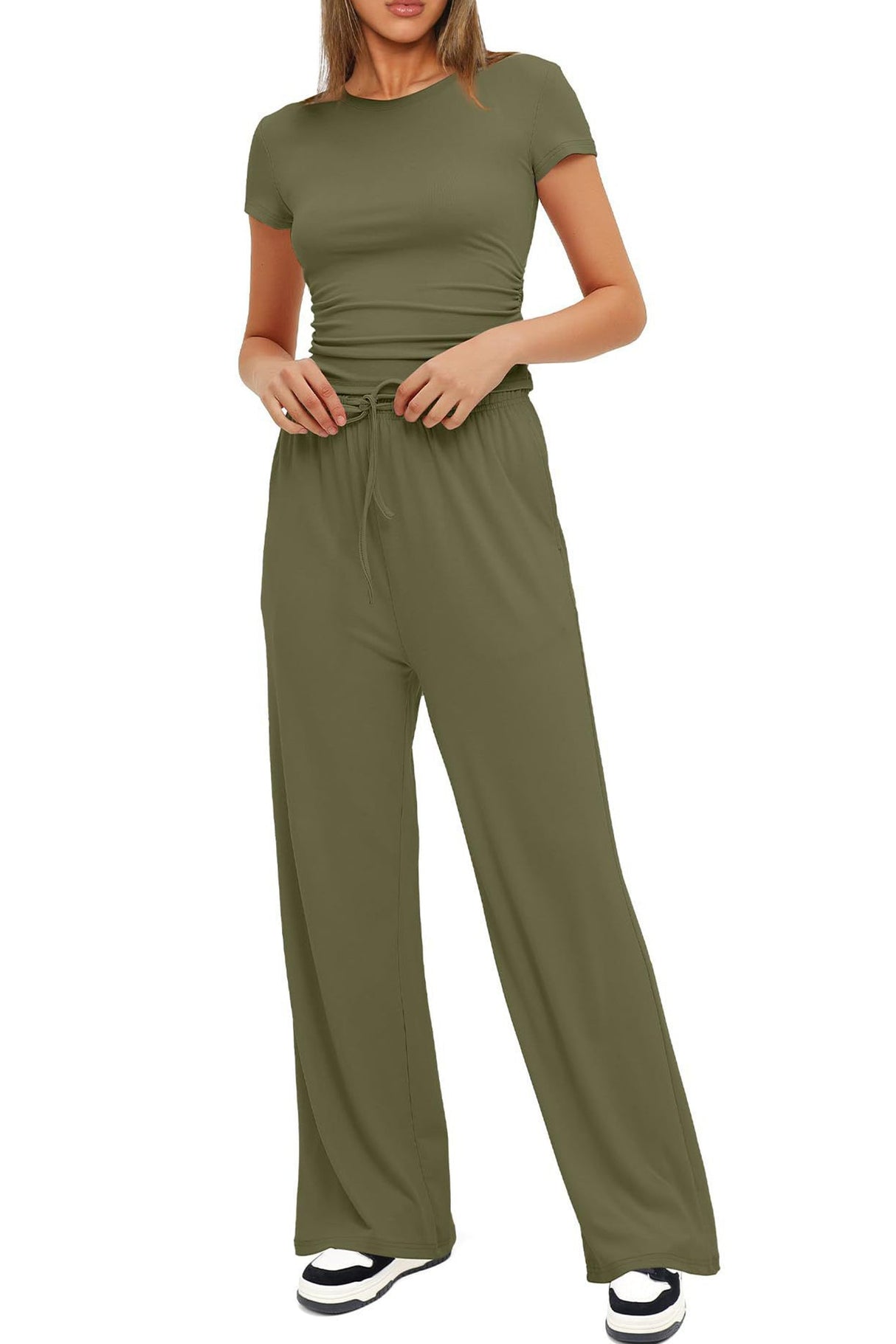 Arolora solid-crew-neck-cotton-t-shirt-pants-suits