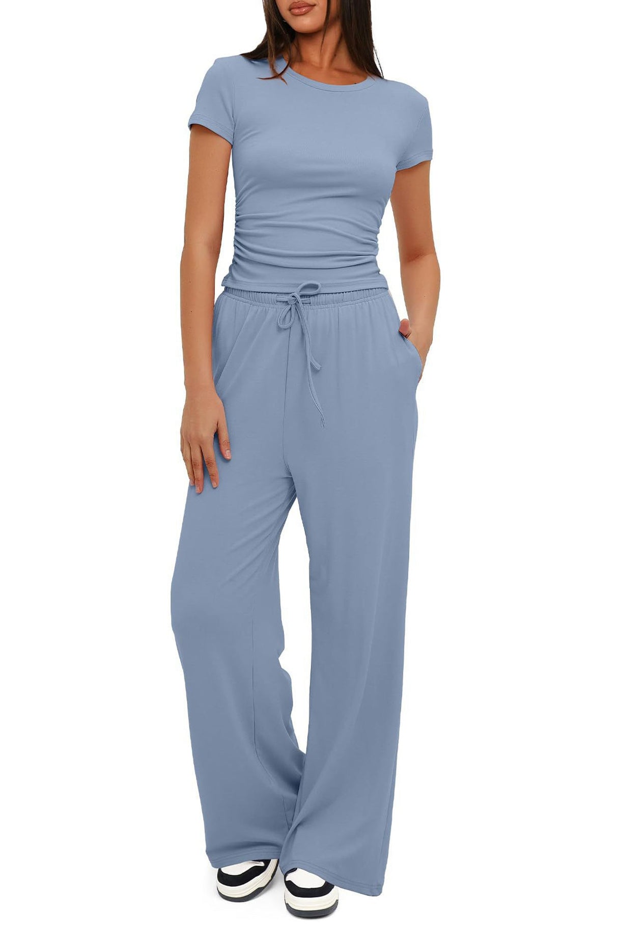 Arolora solid-crew-neck-cotton-t-shirt-pants-suits