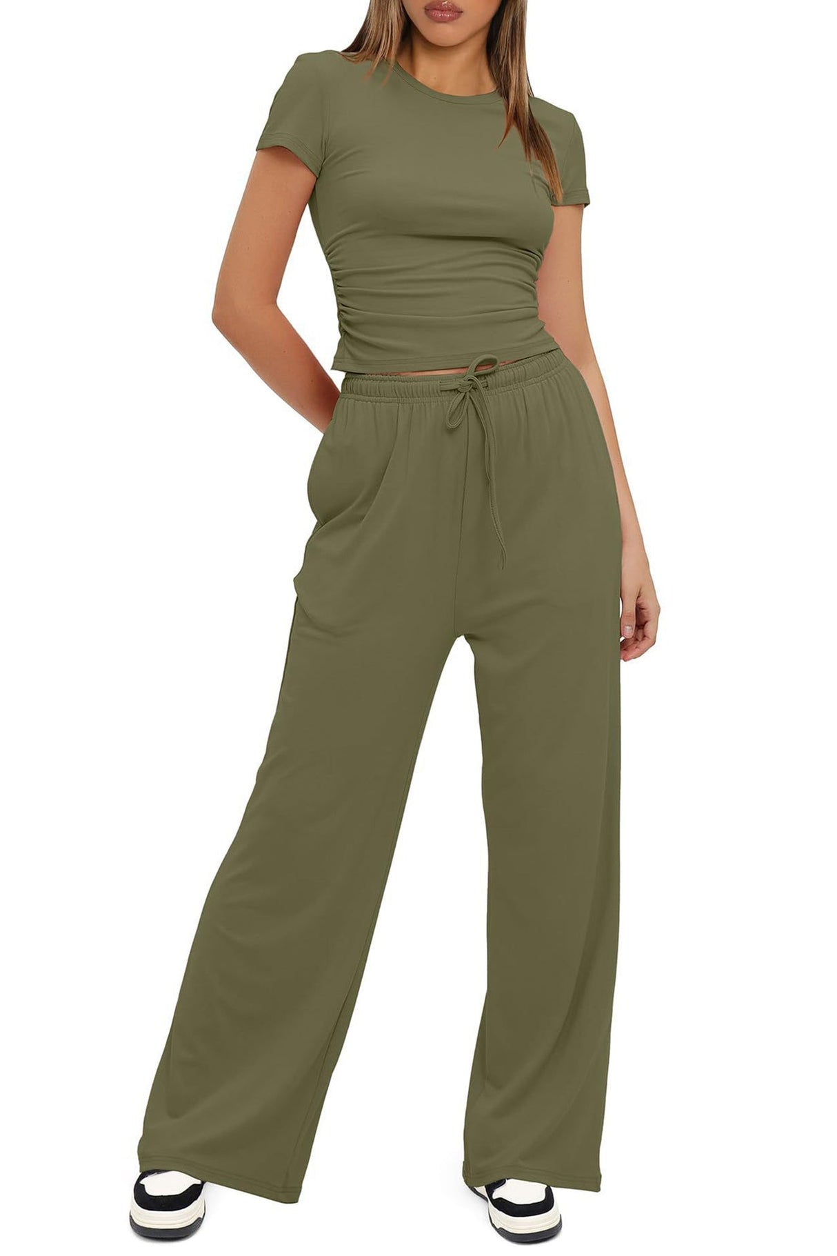 Arolora solid-crew-neck-cotton-t-shirt-pants-suits