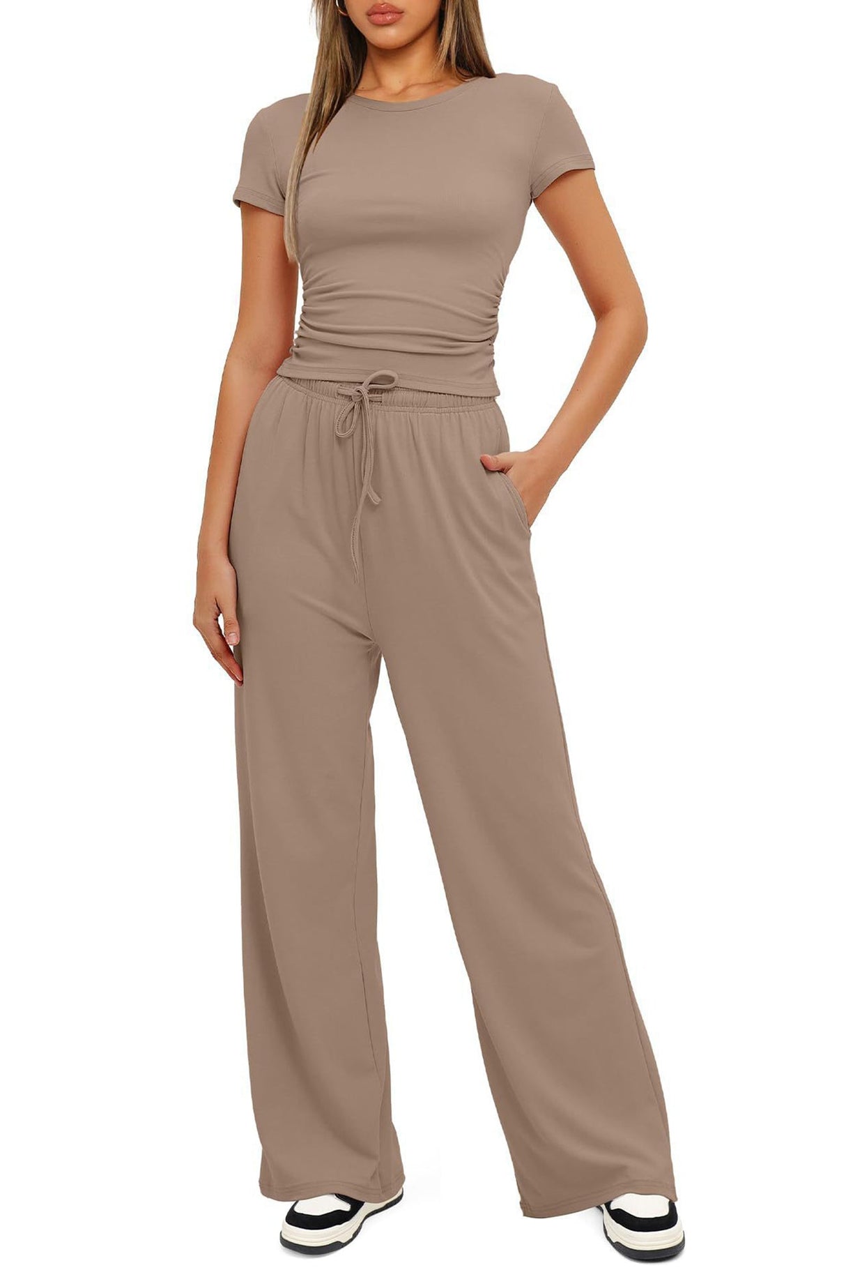 Arolora solid-crew-neck-cotton-t-shirt-pants-suits