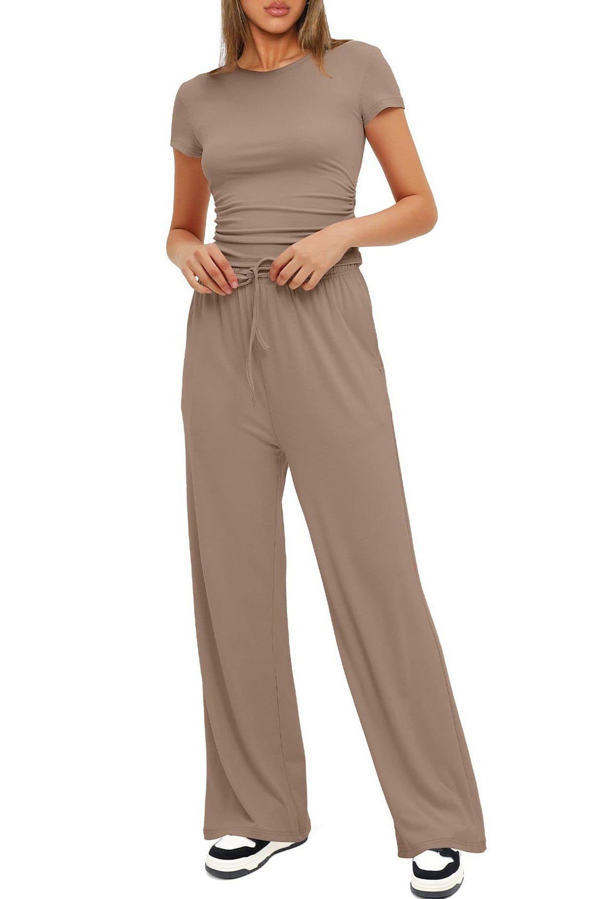 Arolora solid-crew-neck-cotton-t-shirt-pants-suits