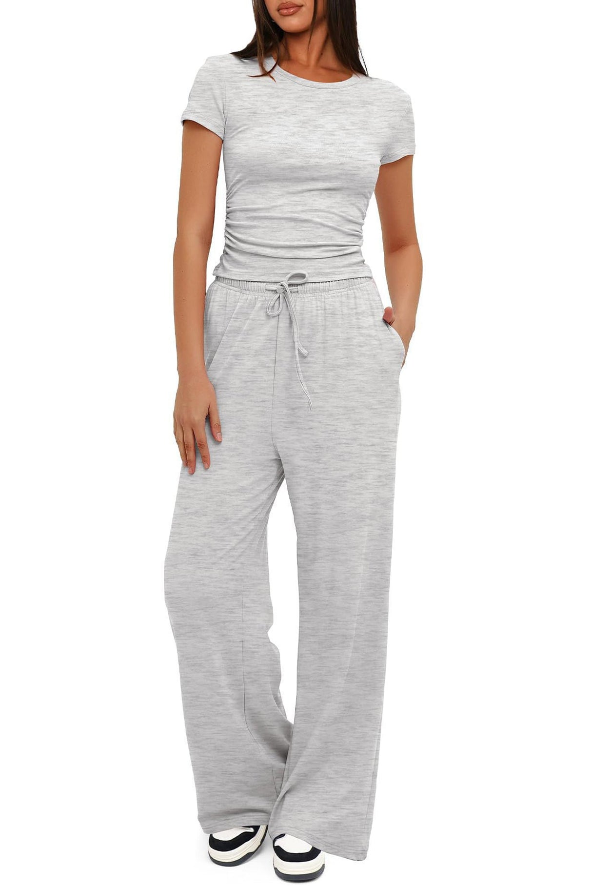 Arolora solid-crew-neck-cotton-t-shirt-pants-suits