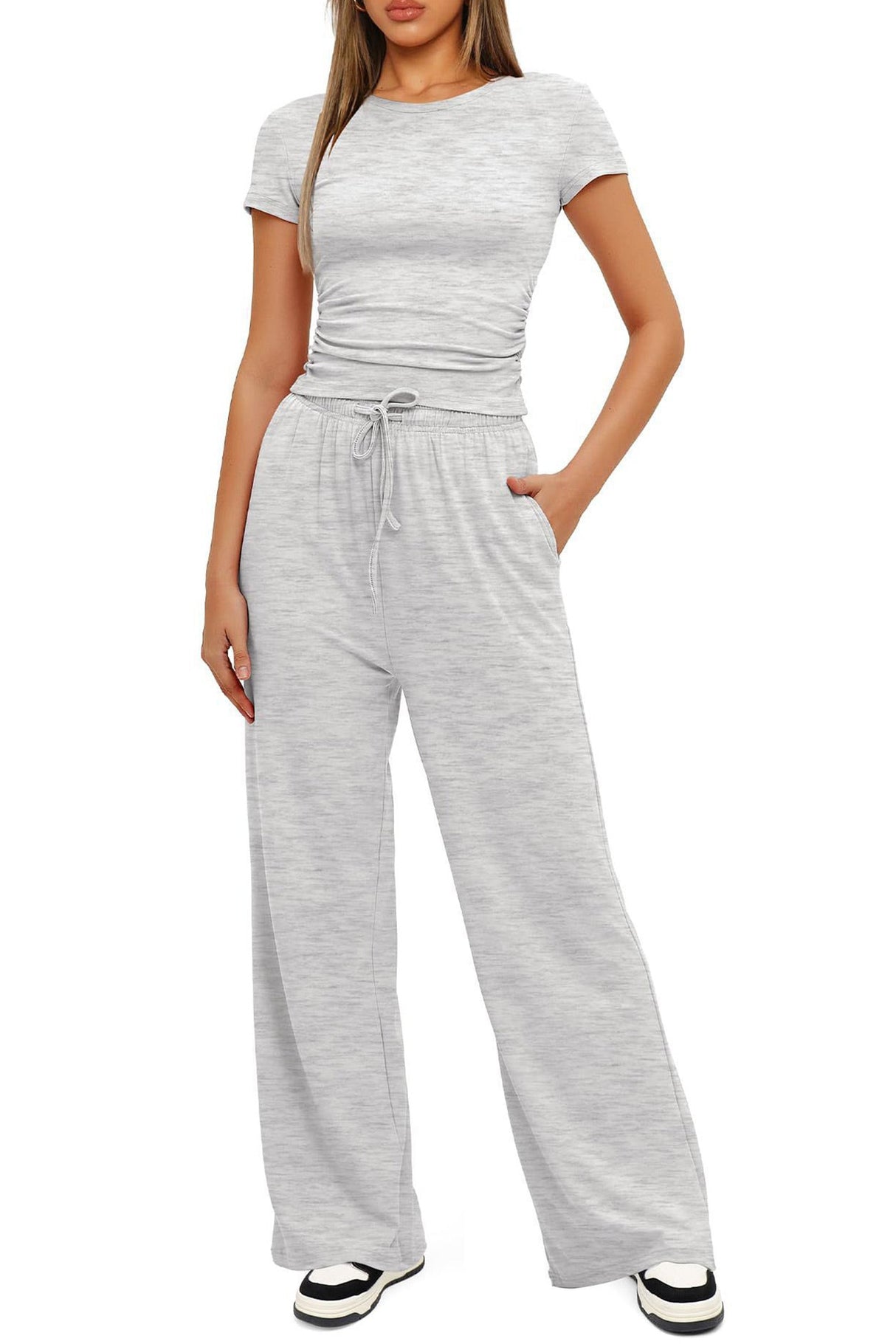 Arolora solid-crew-neck-cotton-t-shirt-pants-suits