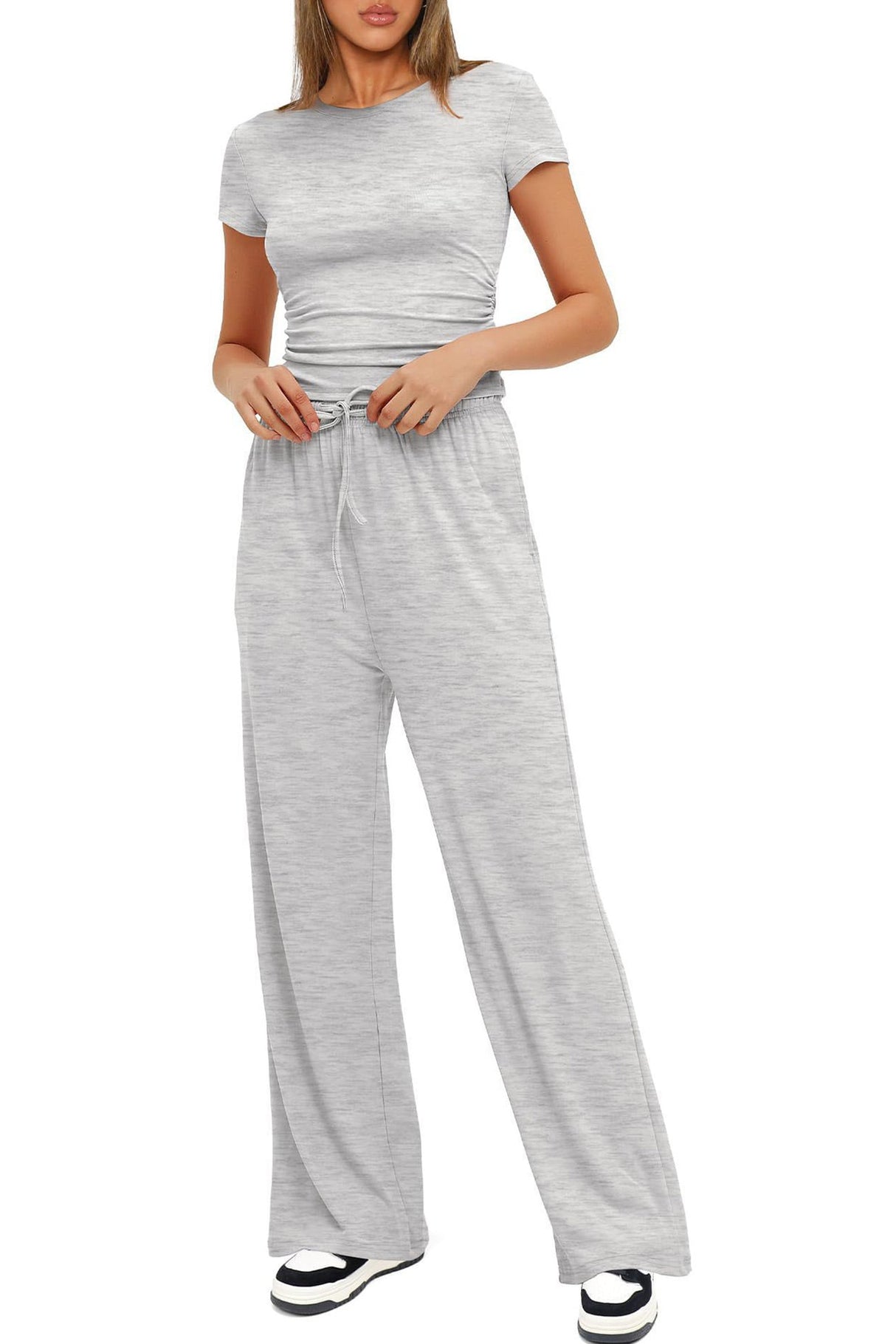 Arolora solid-crew-neck-cotton-t-shirt-pants-suits