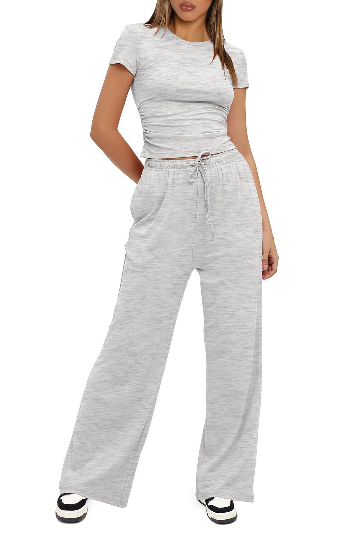 Arolora solid-crew-neck-cotton-t-shirt-pants-suits