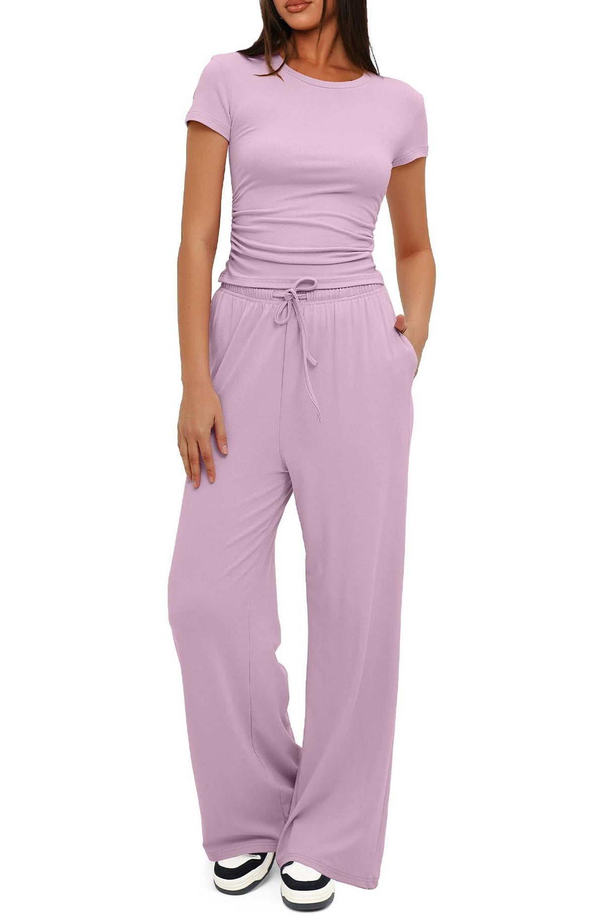 Arolora solid-crew-neck-cotton-t-shirt-pants-suits