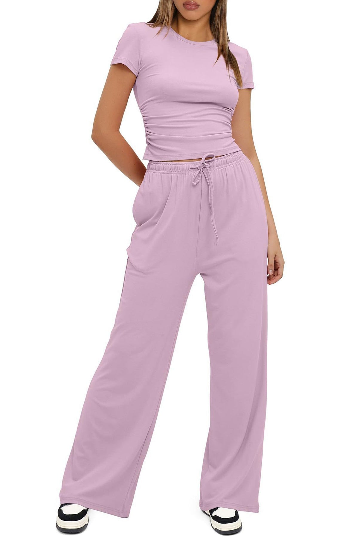 Arolora solid-crew-neck-cotton-t-shirt-pants-suits