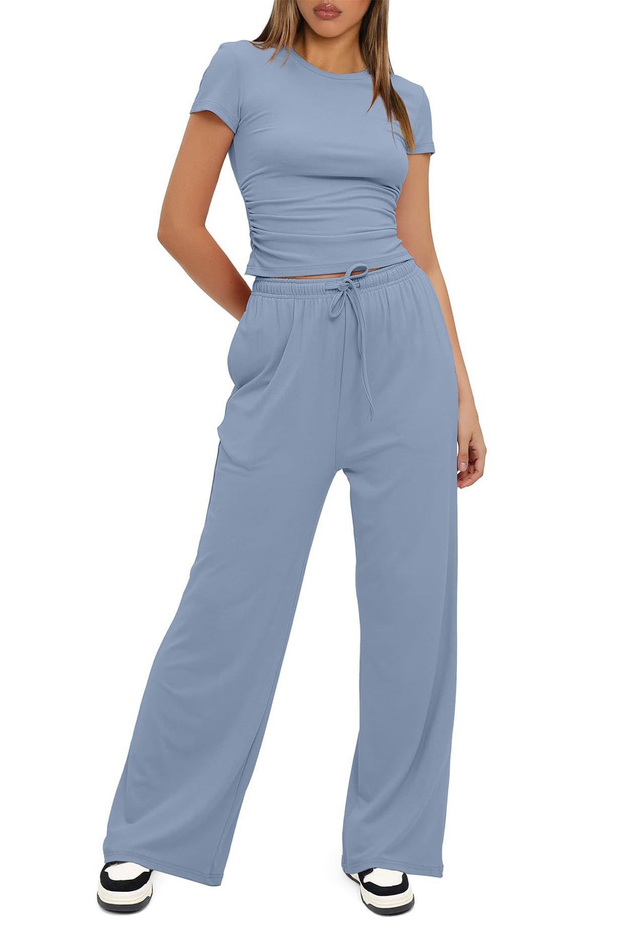 Arolora solid-crew-neck-cotton-t-shirt-pants-suits